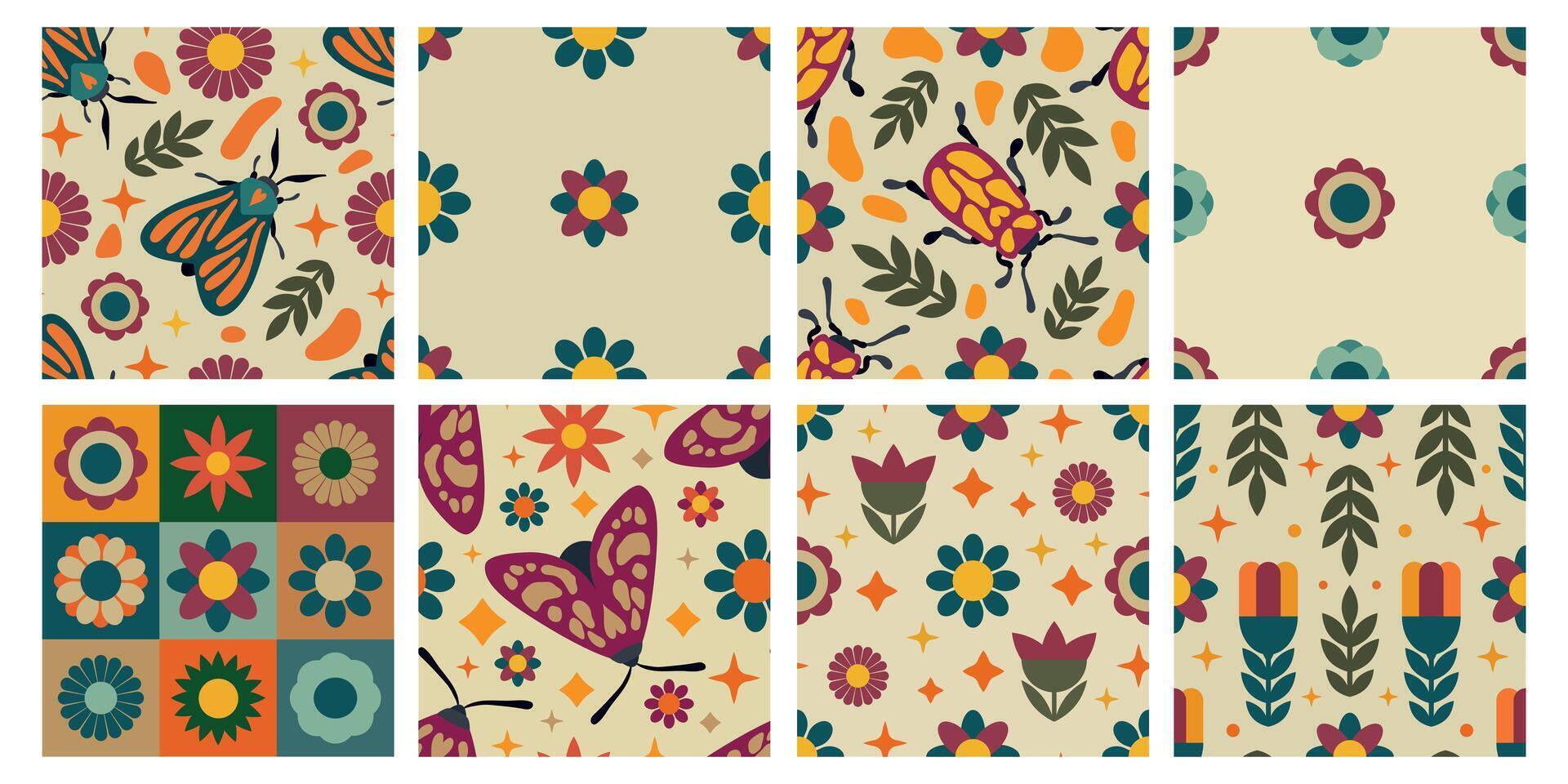 Vintage Insect and Floral Seamless Pattern Set. Includes butterflies, beetles, and floral elements in a retro style. vector