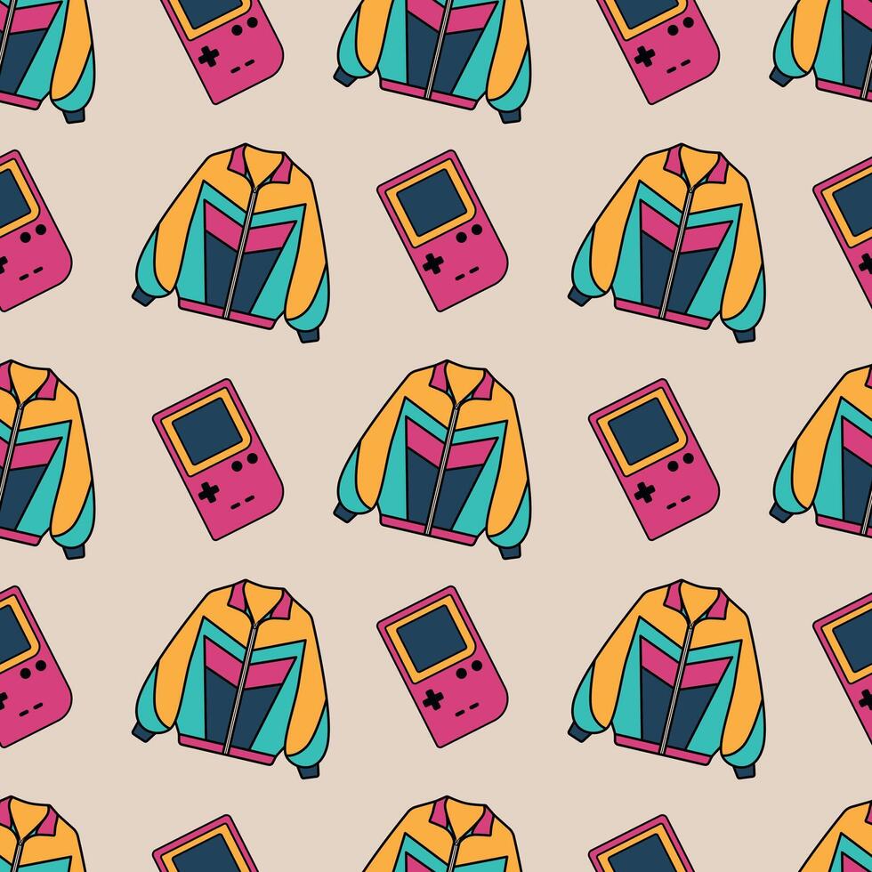 Retro Seamless Pattern with Colorful Jackets and Game Consoles. 90s style vector