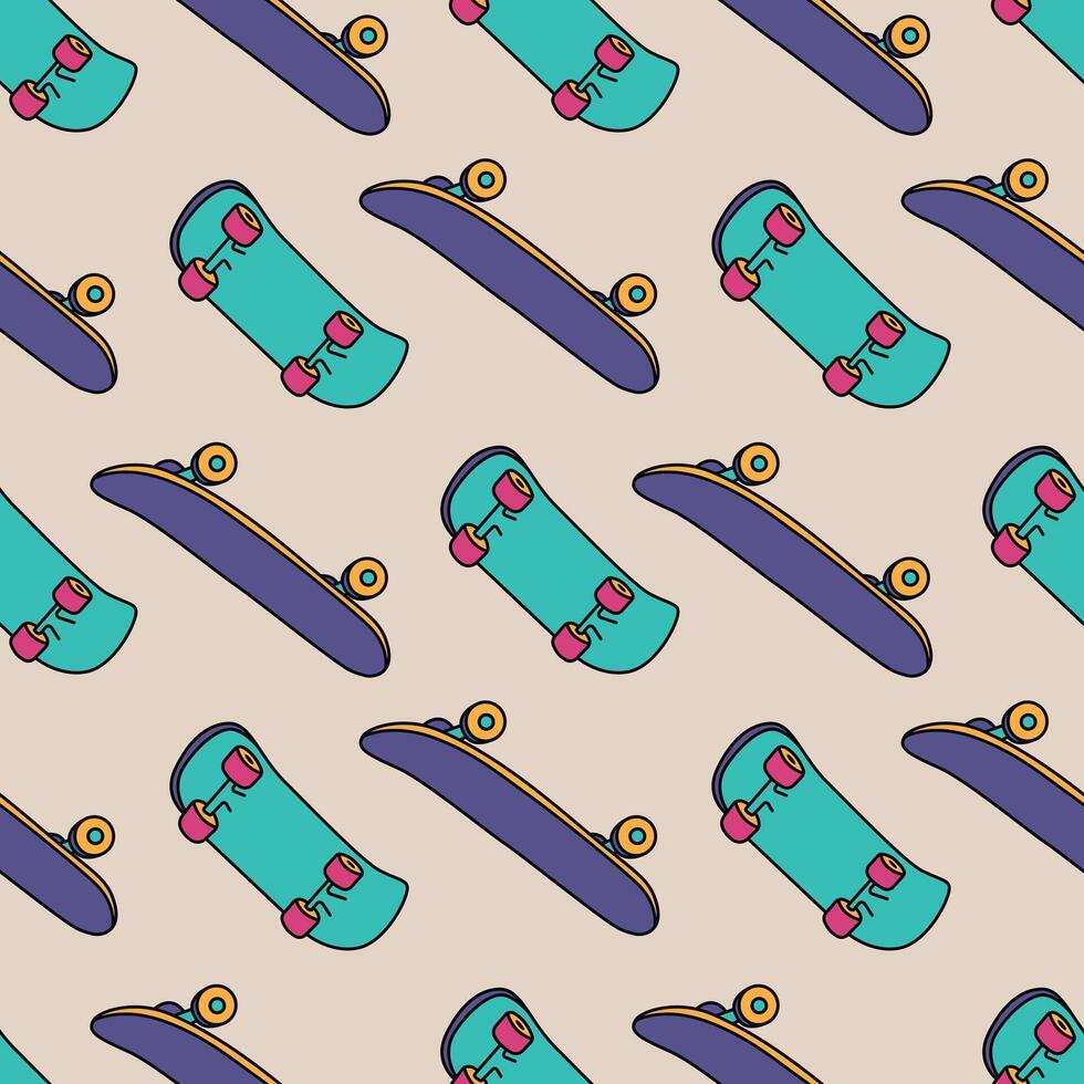 Skateboard Seamless Pattern Illustration. The design showcases skateboards in various orientations on a beige background. vector