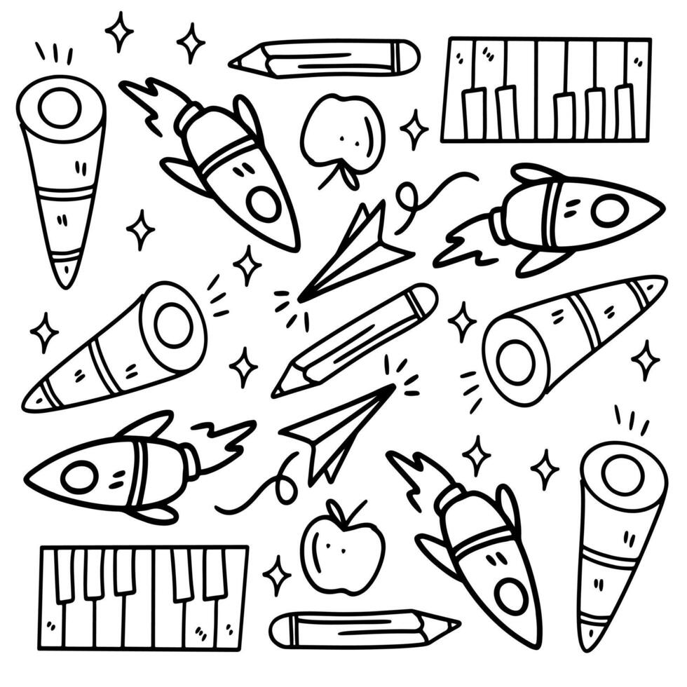 A black and white drawing of a rocket and other items vector