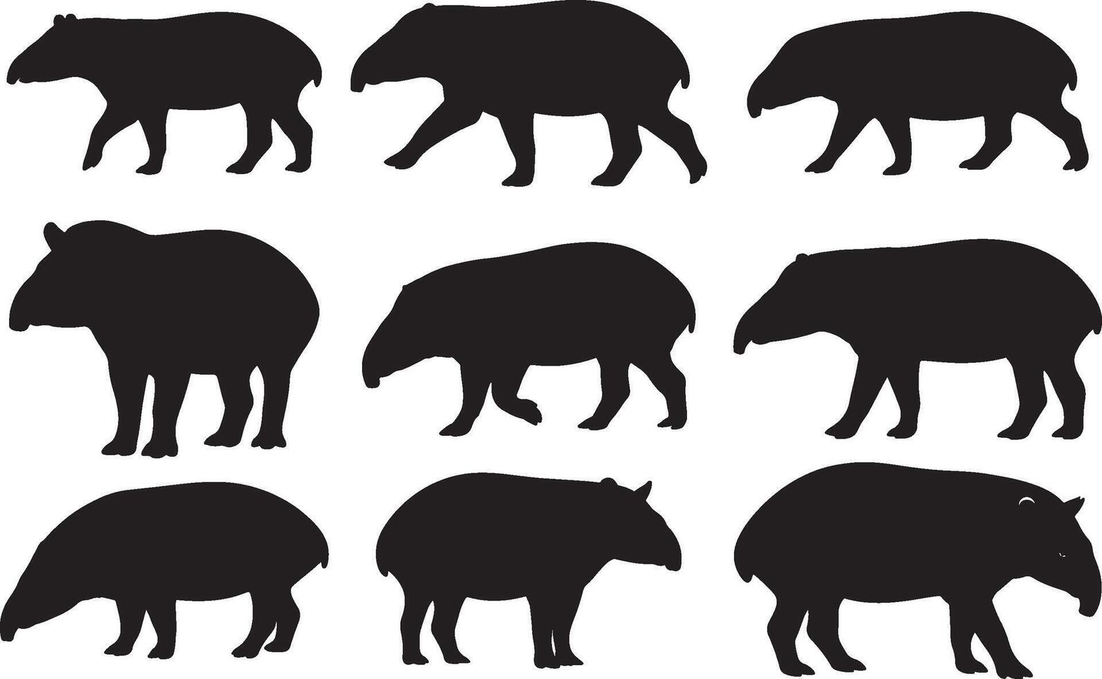 Silhouettes of various animals, including a pig, on a white background vector