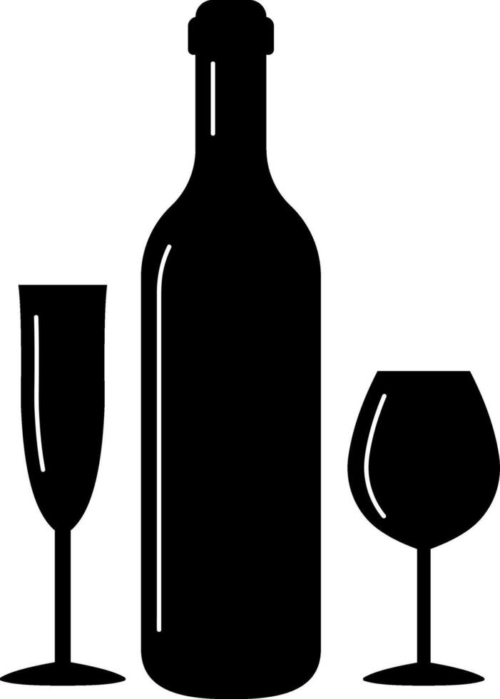 Silhouette of a wine bottle with two glasses vector