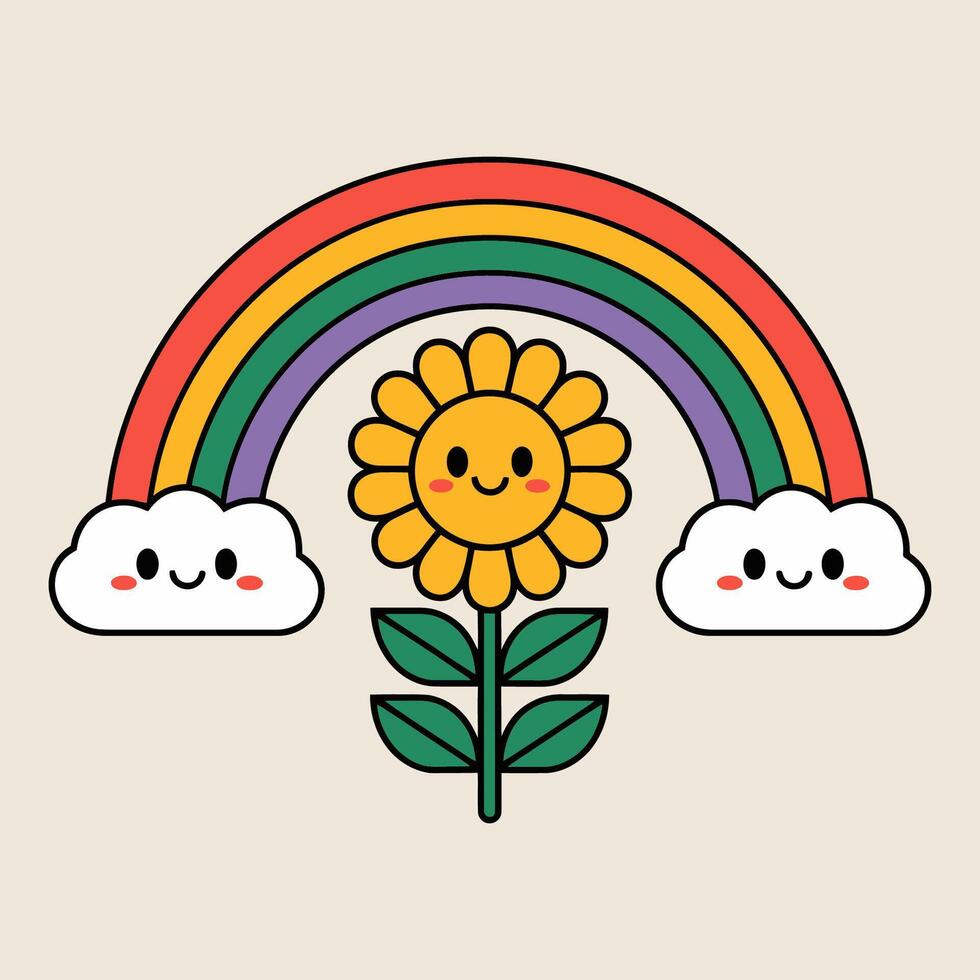 Cute Rainbow and Sunflower Illustration with Smiling Clouds vector