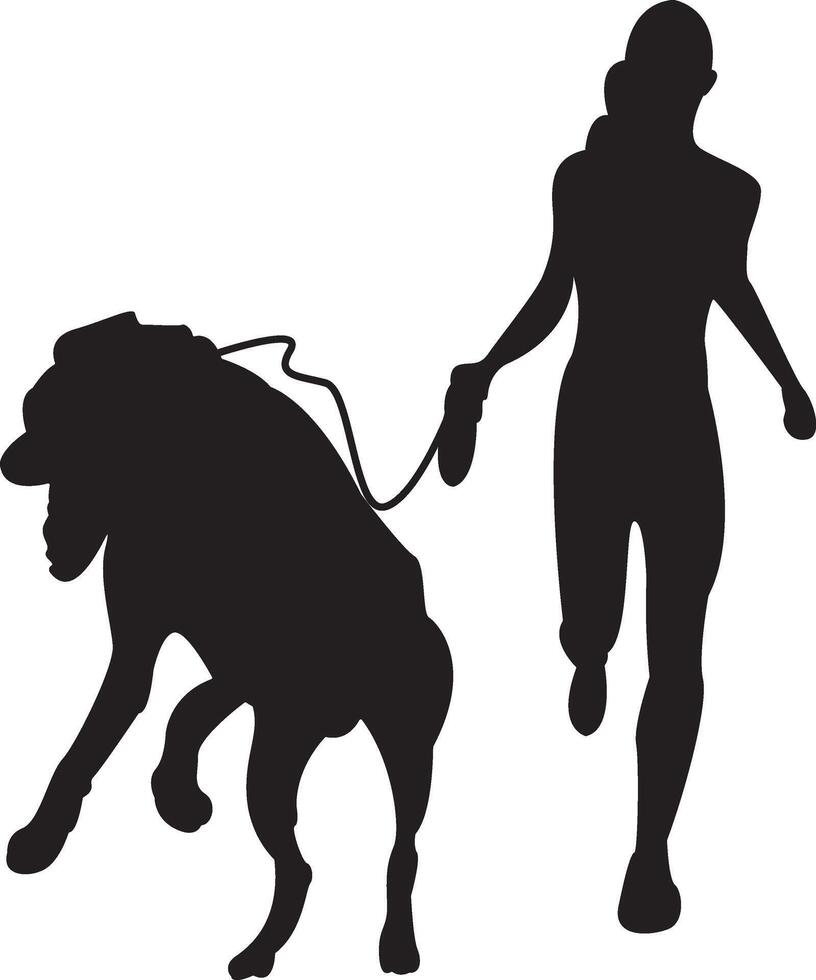 Silhouette of a woman running with a dog beside her vector
