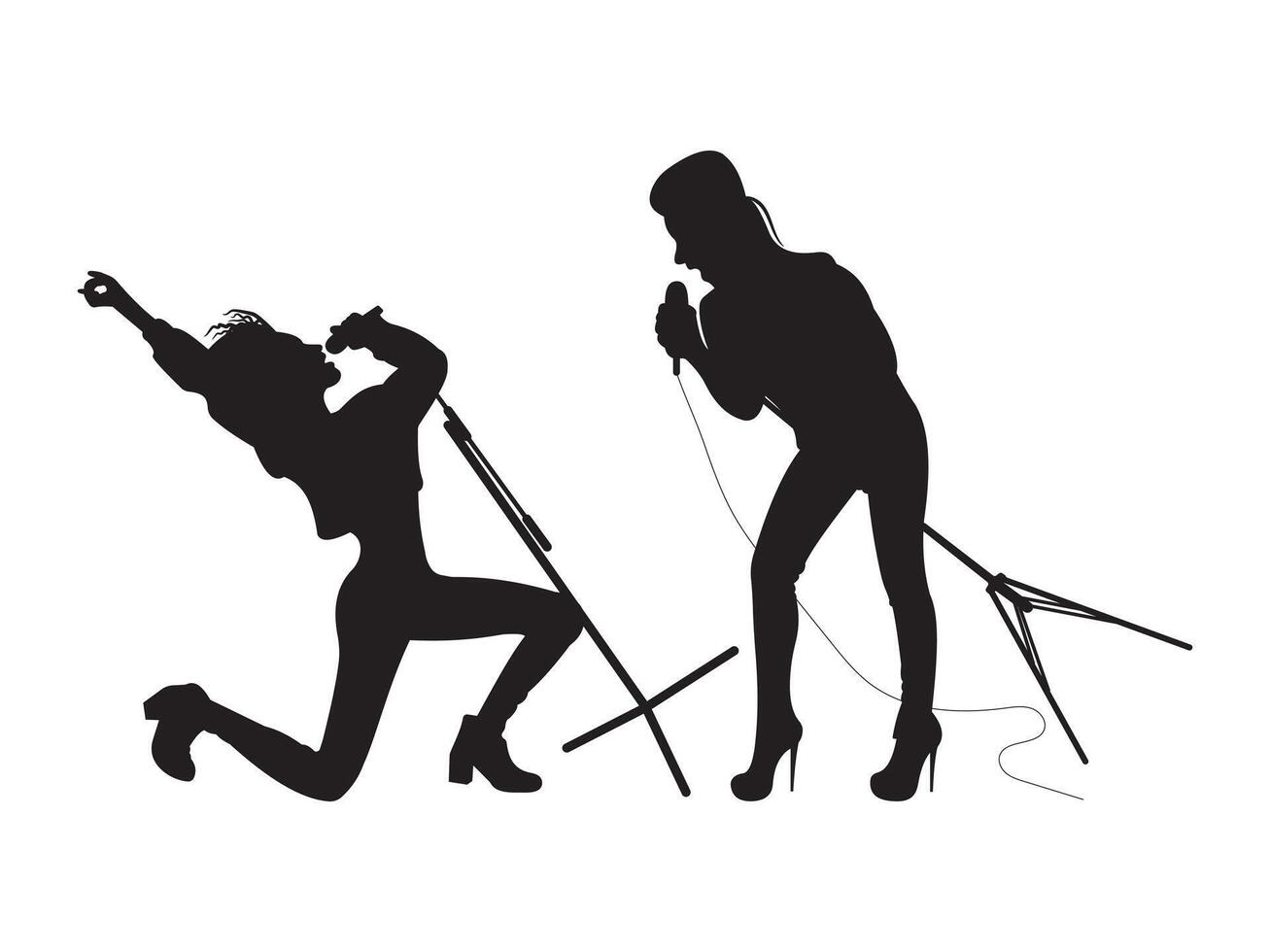 Female rock singer silhouette performing with microphone vector