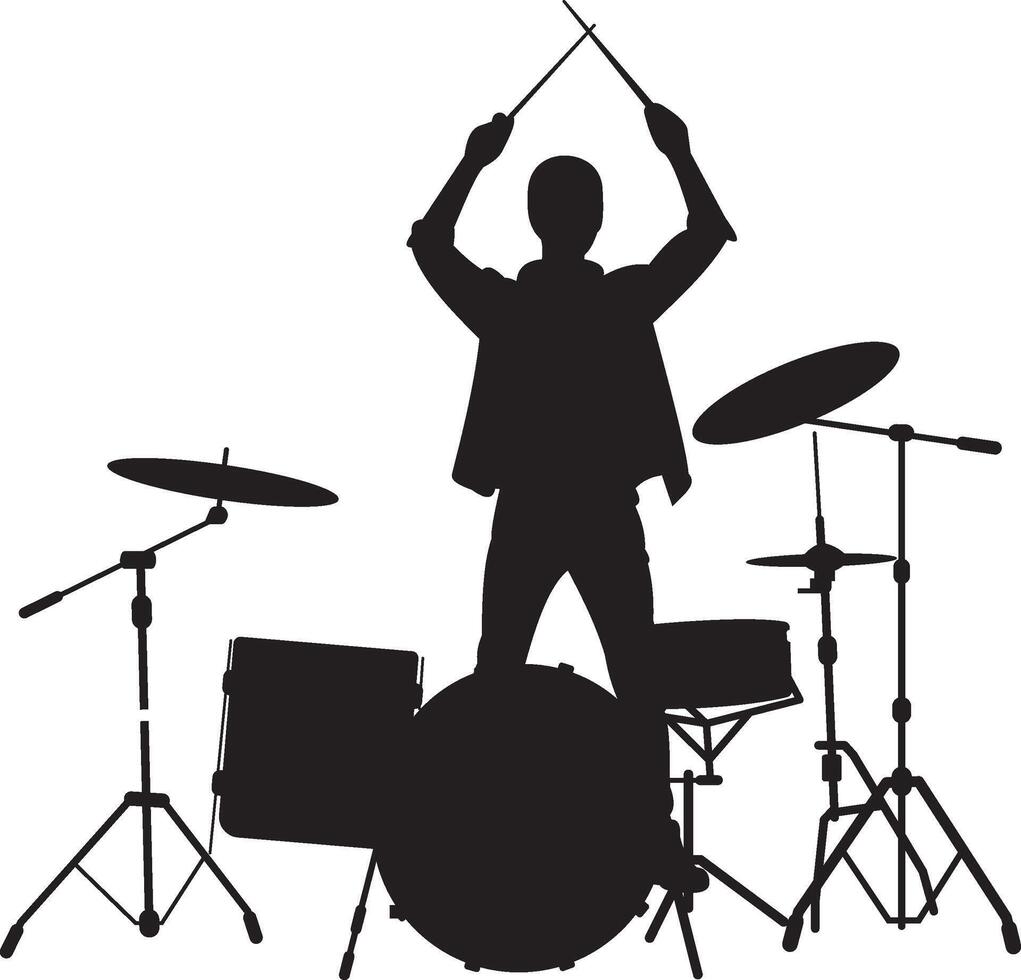 Drummer silhouette musician playing drums with energy vector