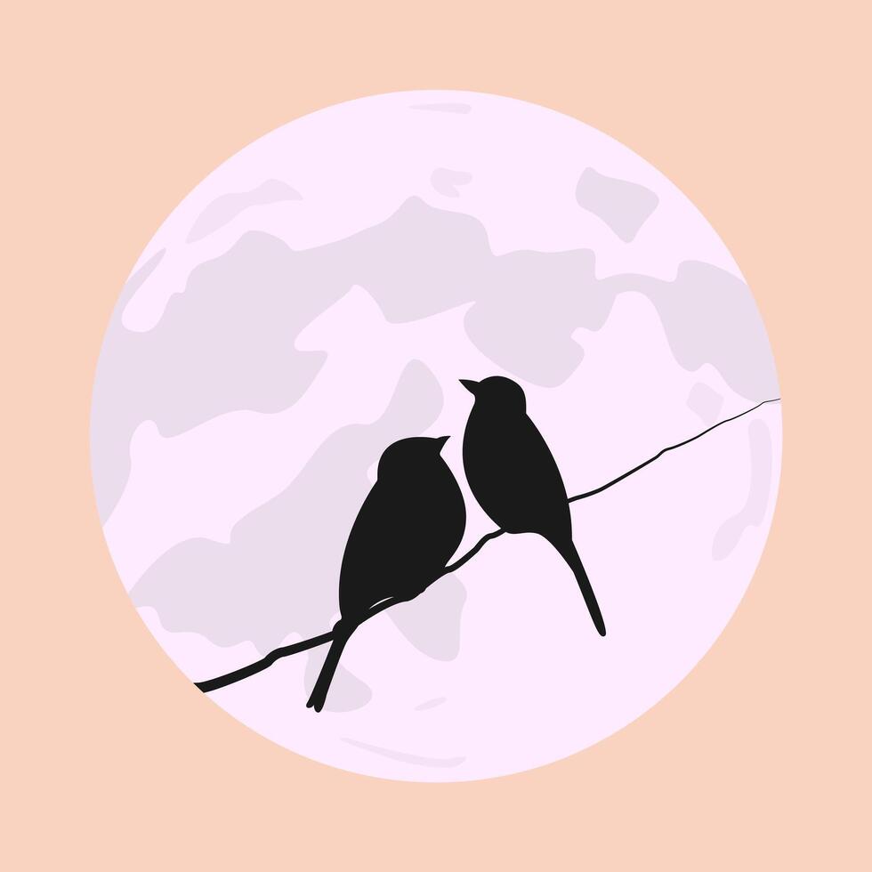 Two birds in love silhouette against moon background vector