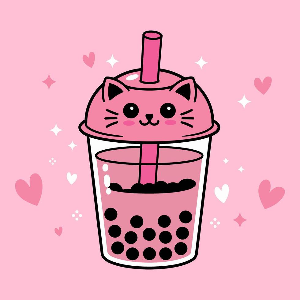 Cute Cat Boba Drink with Hearts vector