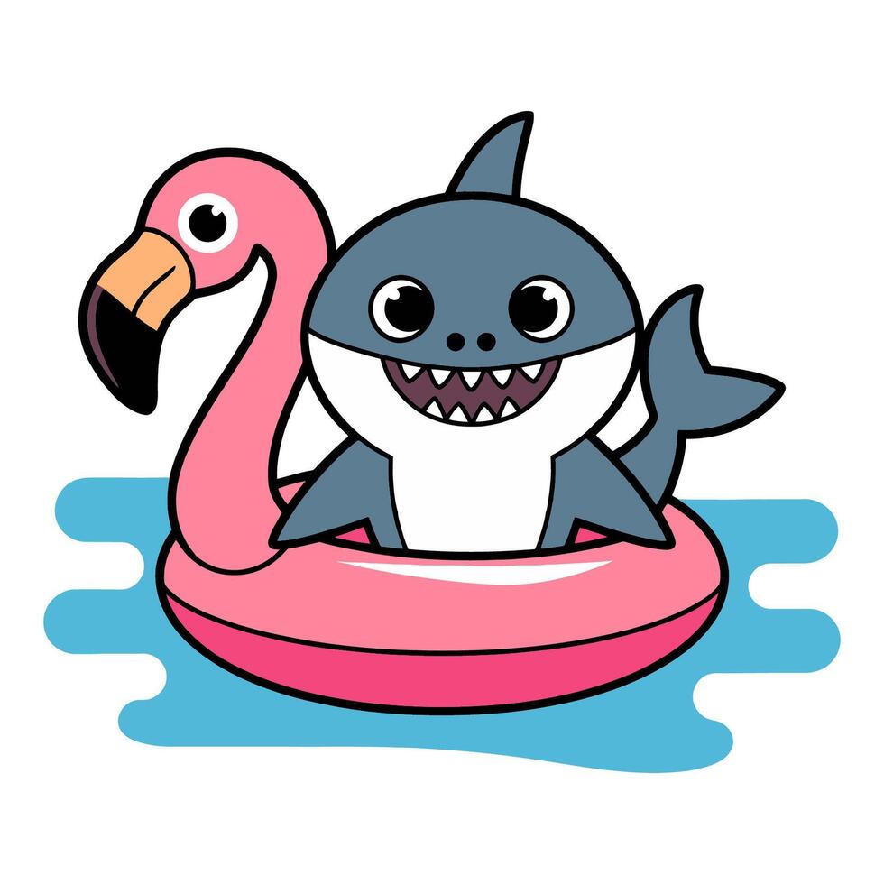 Cute Shark in Flamingo Float Cartoon Illustration vector
