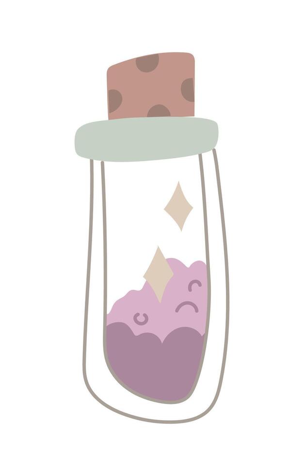magic colored powder in closed glass flask in flat style. Suitable for projects in the genre of fantasy and magic. It can be used in books, games, to create an atmosphere of mystical potions, alchemy vector