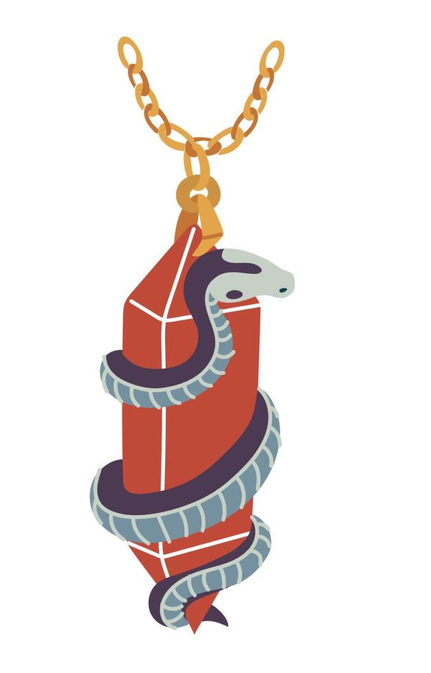 magic pendant with a crystal wrapped around a snake. The witch's marks. Color flat illustration. Projects in the genre of fantasy and magic. Ideal for use in books, games, or jewelry embodying vector