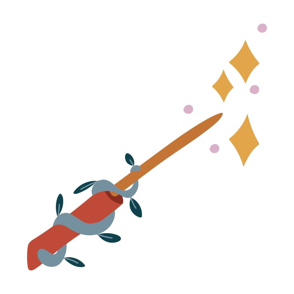 magic colored wand with stars. It's magical, wooden, overgrown with foliage. projects in genre of fantasy and magic. It can be used in books, games, illustrations, and other materials related to magic vector