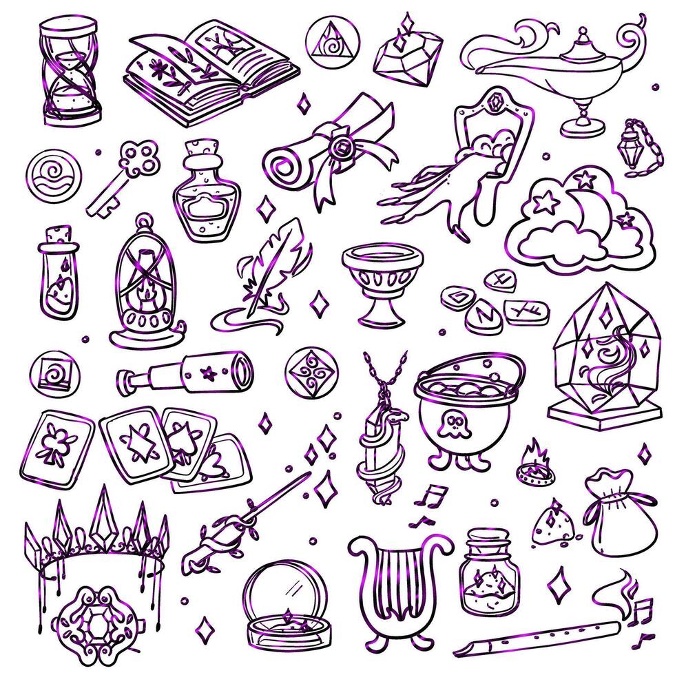set of curly purple magic items for witch in doodle style. variety of magical items. Iridescent color. Suitable for fantasy projects, books, games, artwork related to magic, alchemy, mystical rituals vector