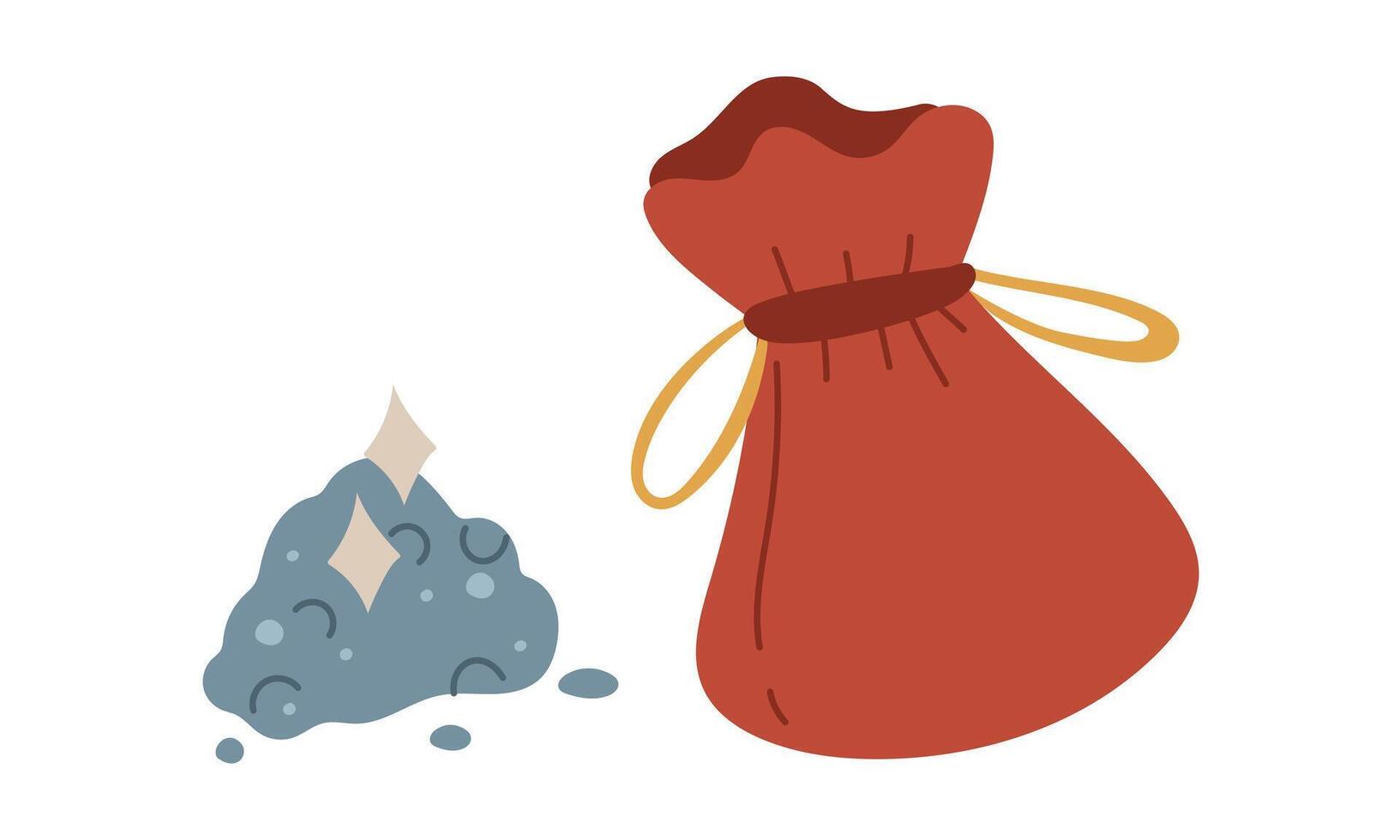 magical colored powder spilled out of bag. Flat color illustration. Suitable for projects in genre of fantasy, magic. It can be used in books, games, create an atmosphere of mystical potion alchemy vector