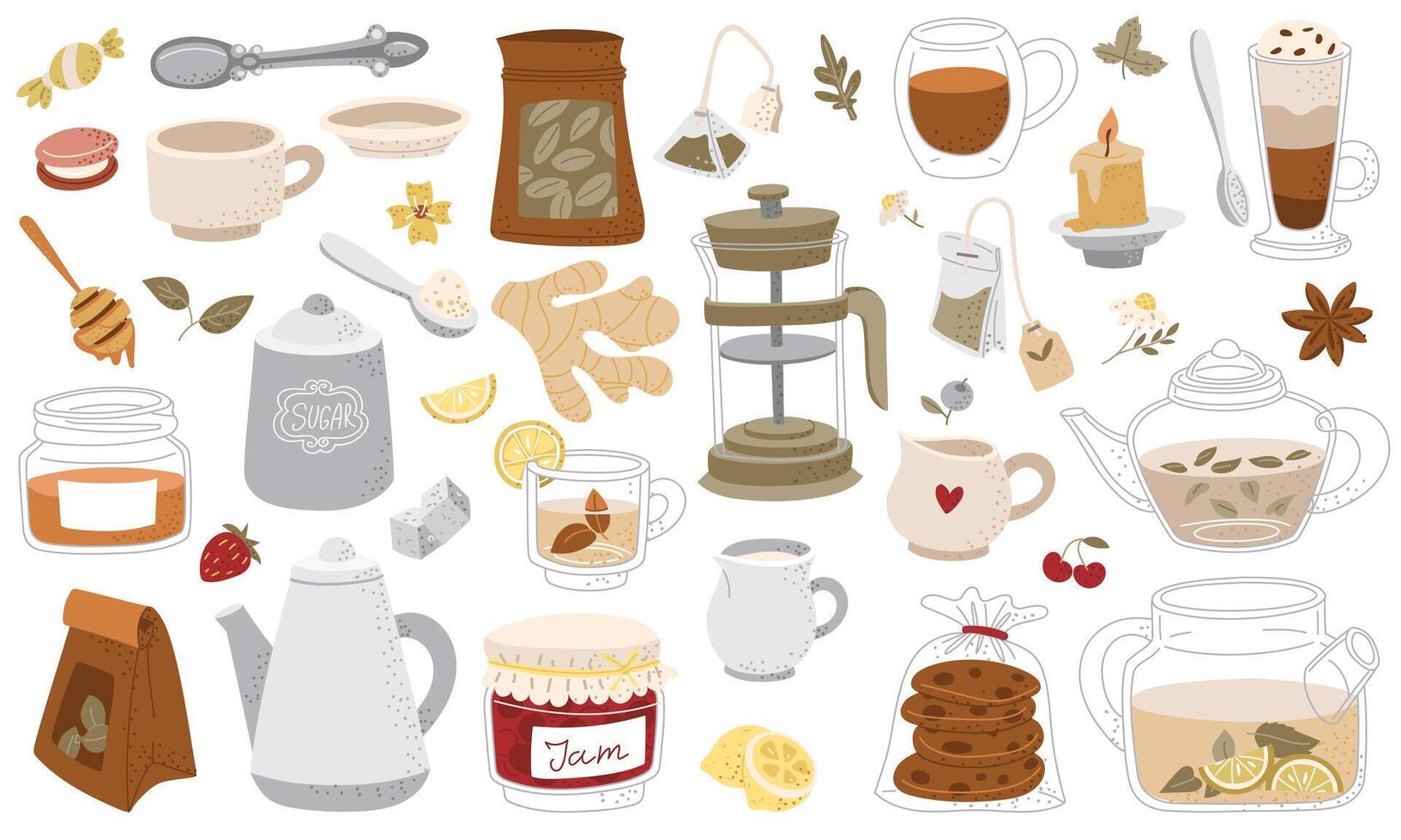 Flat color tea set with mugs, teapots, biscuits, lemon, ginger and sugar. It is ideal for use in tea packaging design, kitchen accessories, cafes, culinary blogs restaurants. individual items. point vector