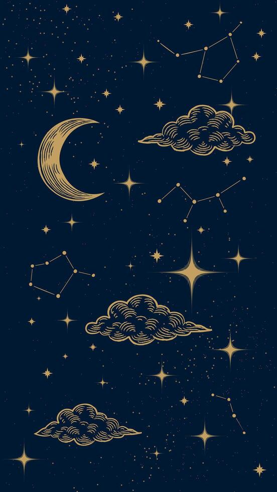 Starry night sky vertical background. Bright golden moon, stars, clouds and constellations wallpaper. Vertical Space backdrop. Dark Sky with shiny stars, Illustration. vector