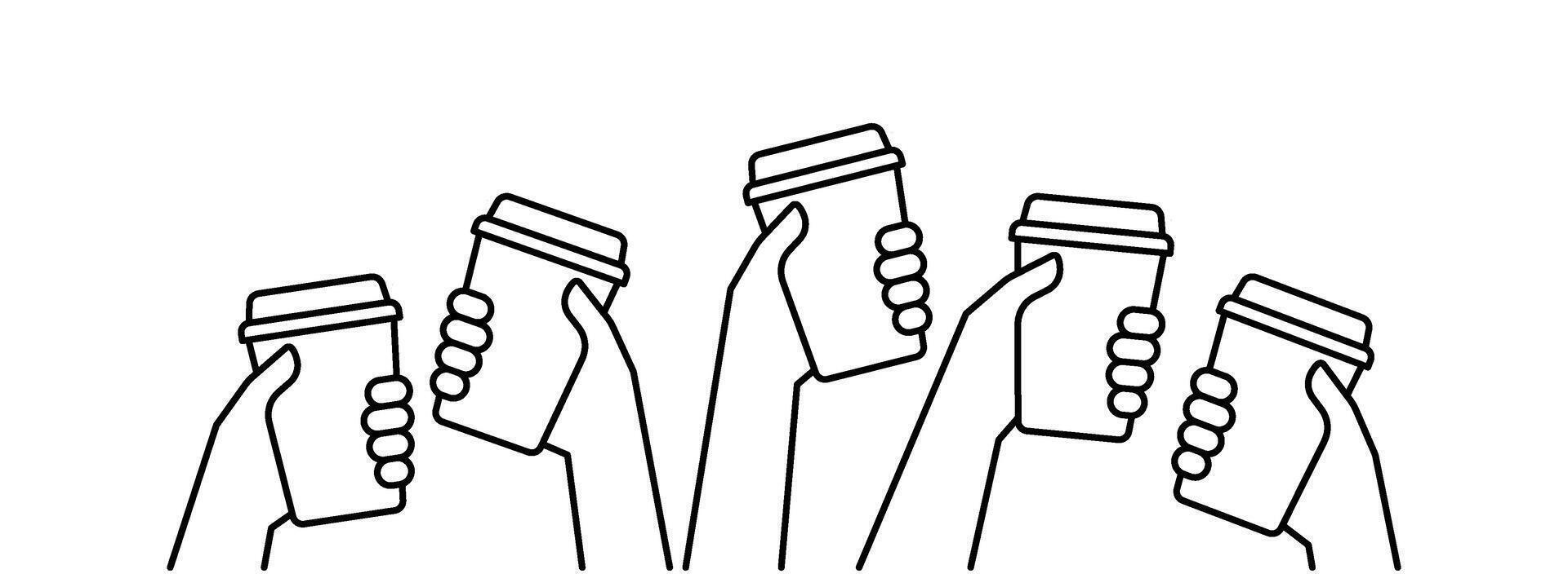 Hands of group people holding coffee in reusable cup, simple line. Together clink on break time. Fast take away drink. Takeaway drink in mug, coffee to go. Coffee lover. illustration vector