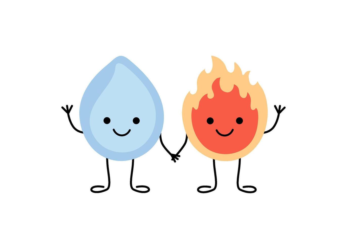 Fire and water, hot flame and drop with face, cute character. Burn and watering. Happy creature friends greets and waves vector