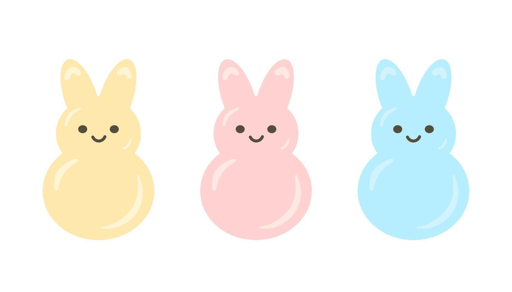 Marshmallow peeps, Easter bunnies different colors set. Small cute colorful rabbit candy. Collection sweet confectionery illustration vector