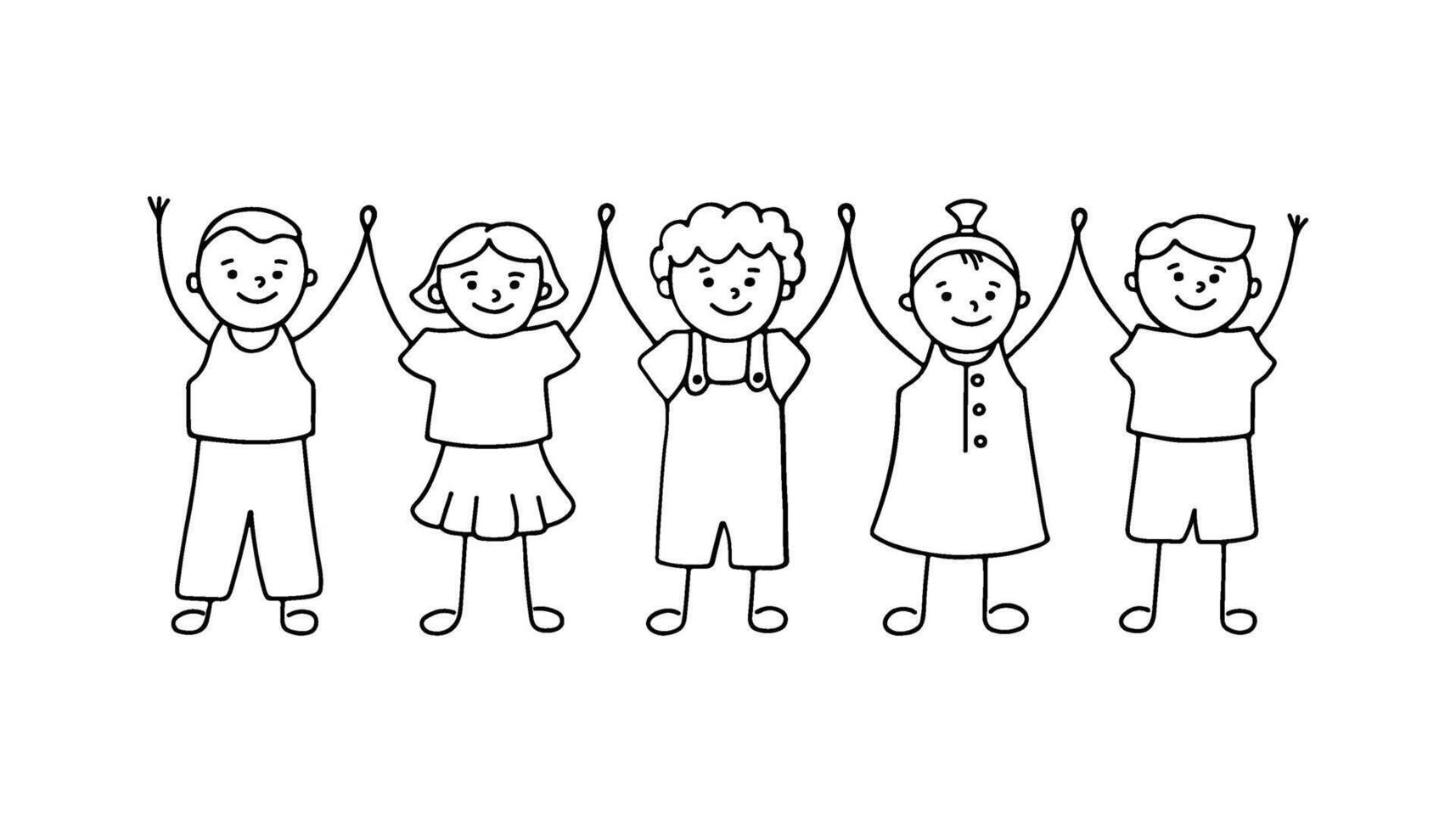 Happy children character holding hands and their hands up, doodle hand drawn line set. Group small people, kindergarten, preschool. Friends communication illustration vector