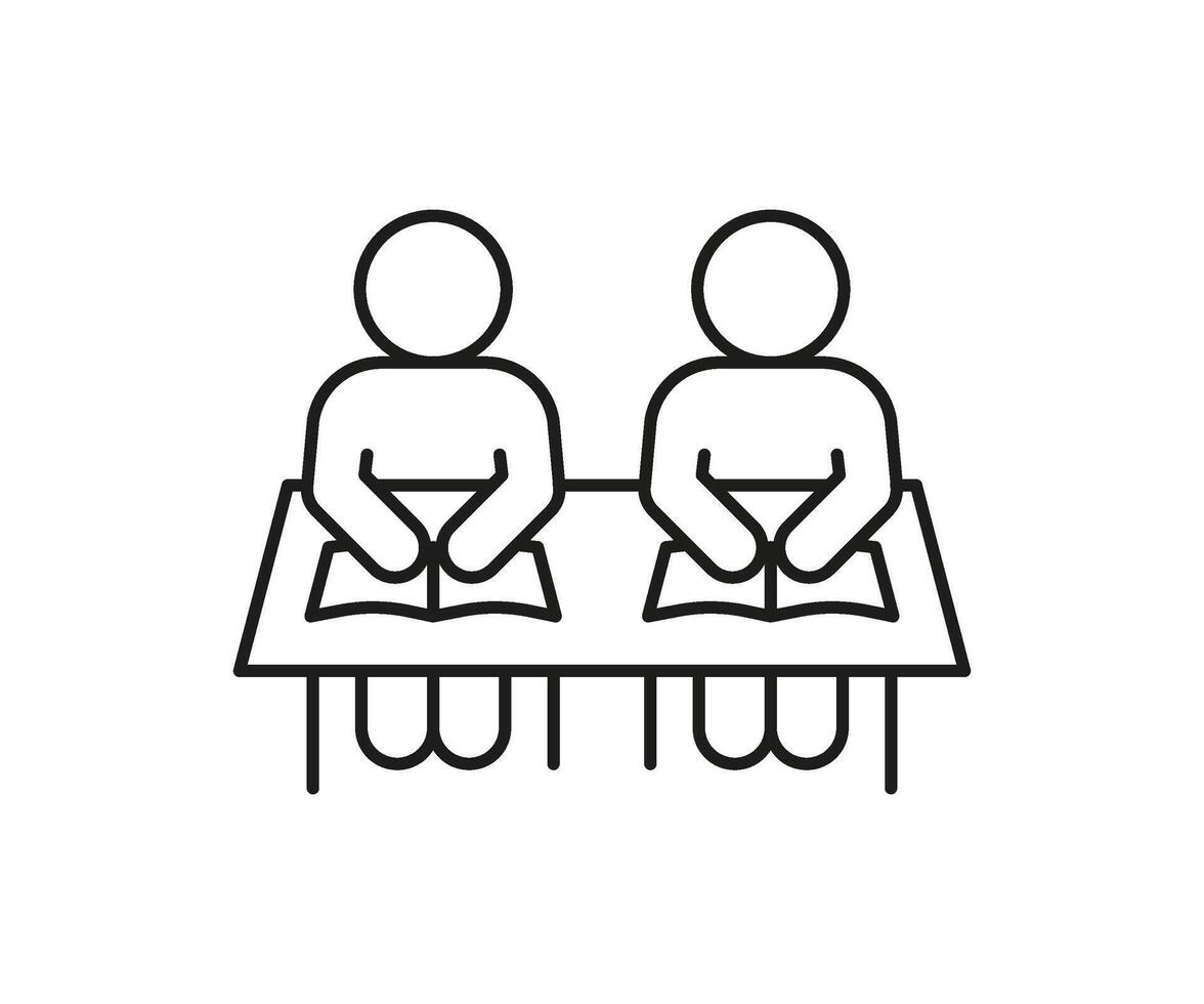 Schoolchild study in school, line icon. Education on lesson sign. Student is sitting at desk with book. illustration vector