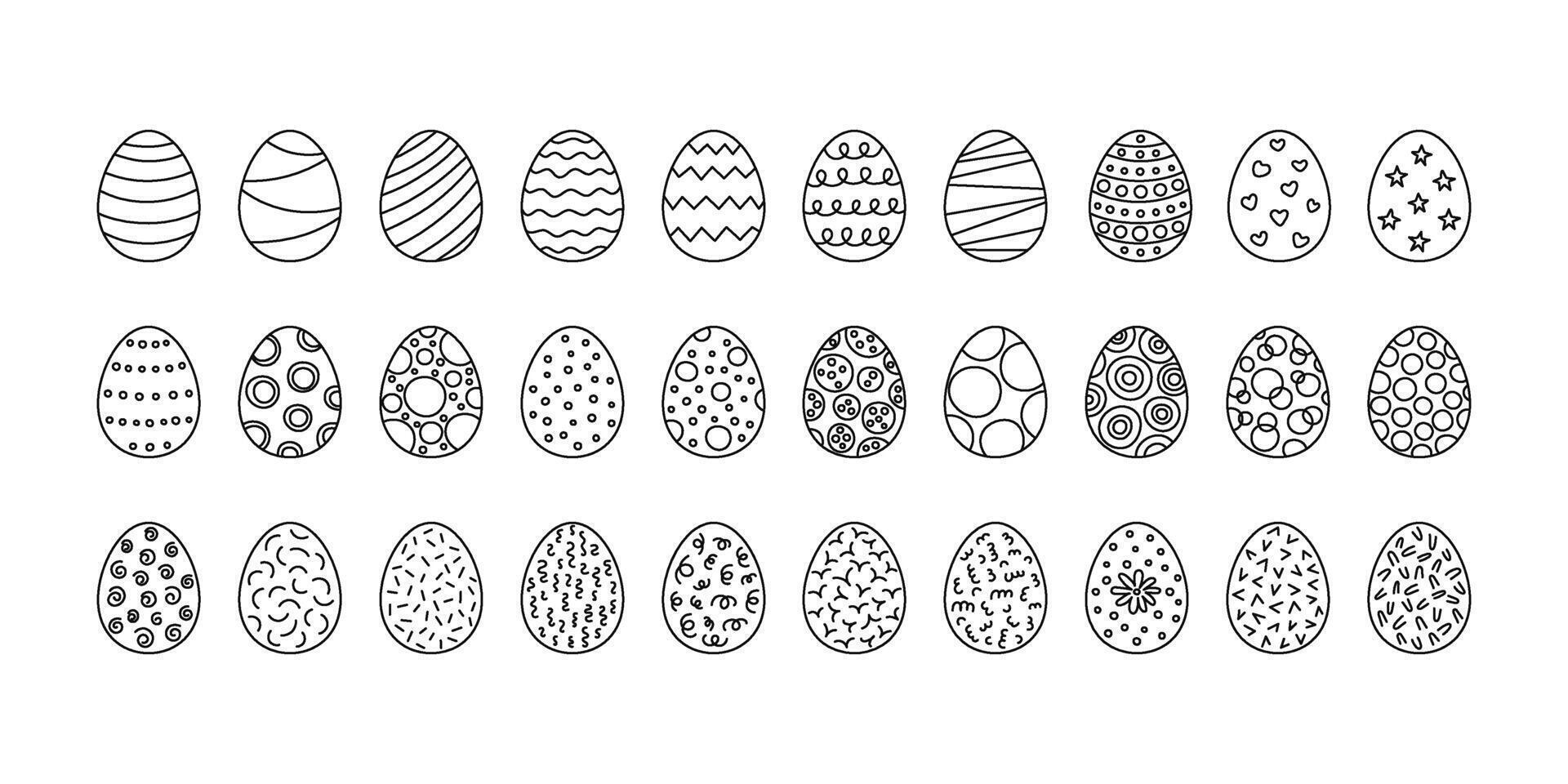 Decorated Easter eggs, line set. Egg in flat hand drawn style. Festive traditional meal decorated eggs illustration vector