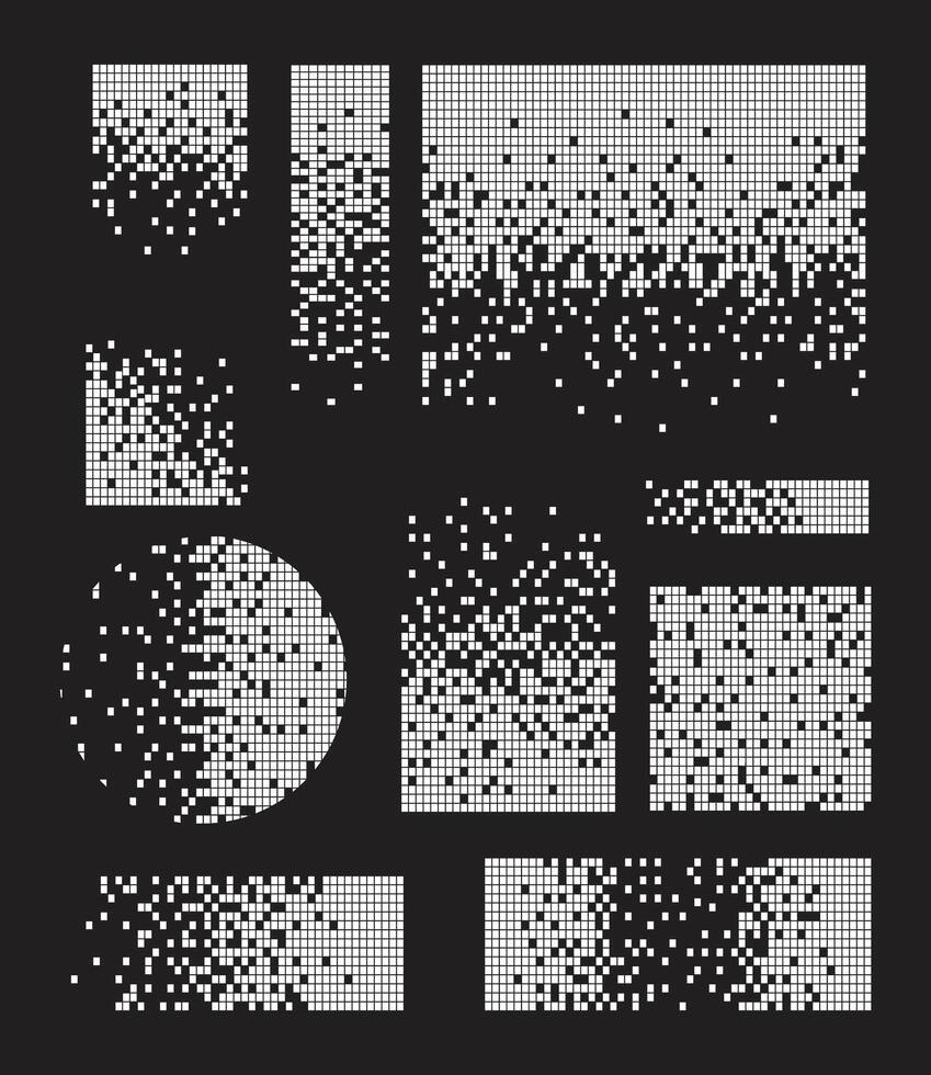 Disintegration pixel effect illustration. Dissolved filled square pattern black background. Decay effect. Dispersed dotted pattern. Concept of disintegration vector