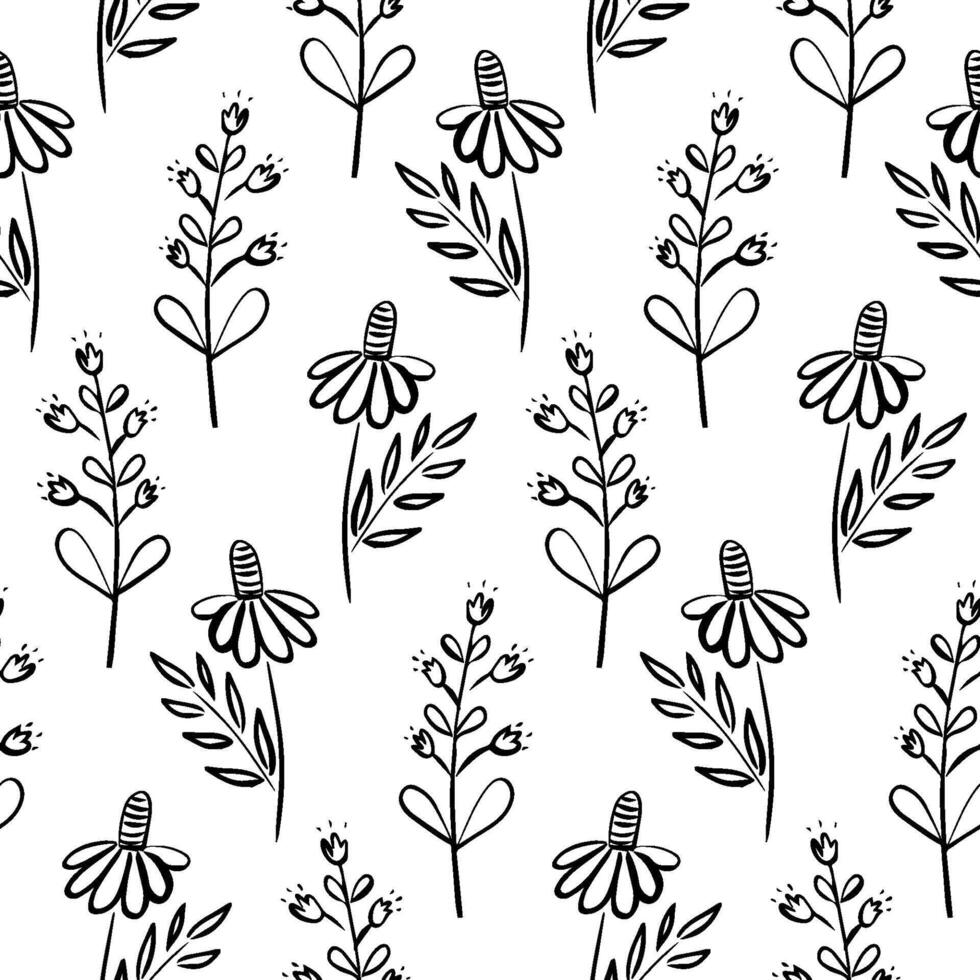Seamless black and white floral doodle pattern featuring hand-drawn wildflowers and botanical elements - ideal for coloring books, textile design, scrapbooking, and creative crafts. vector