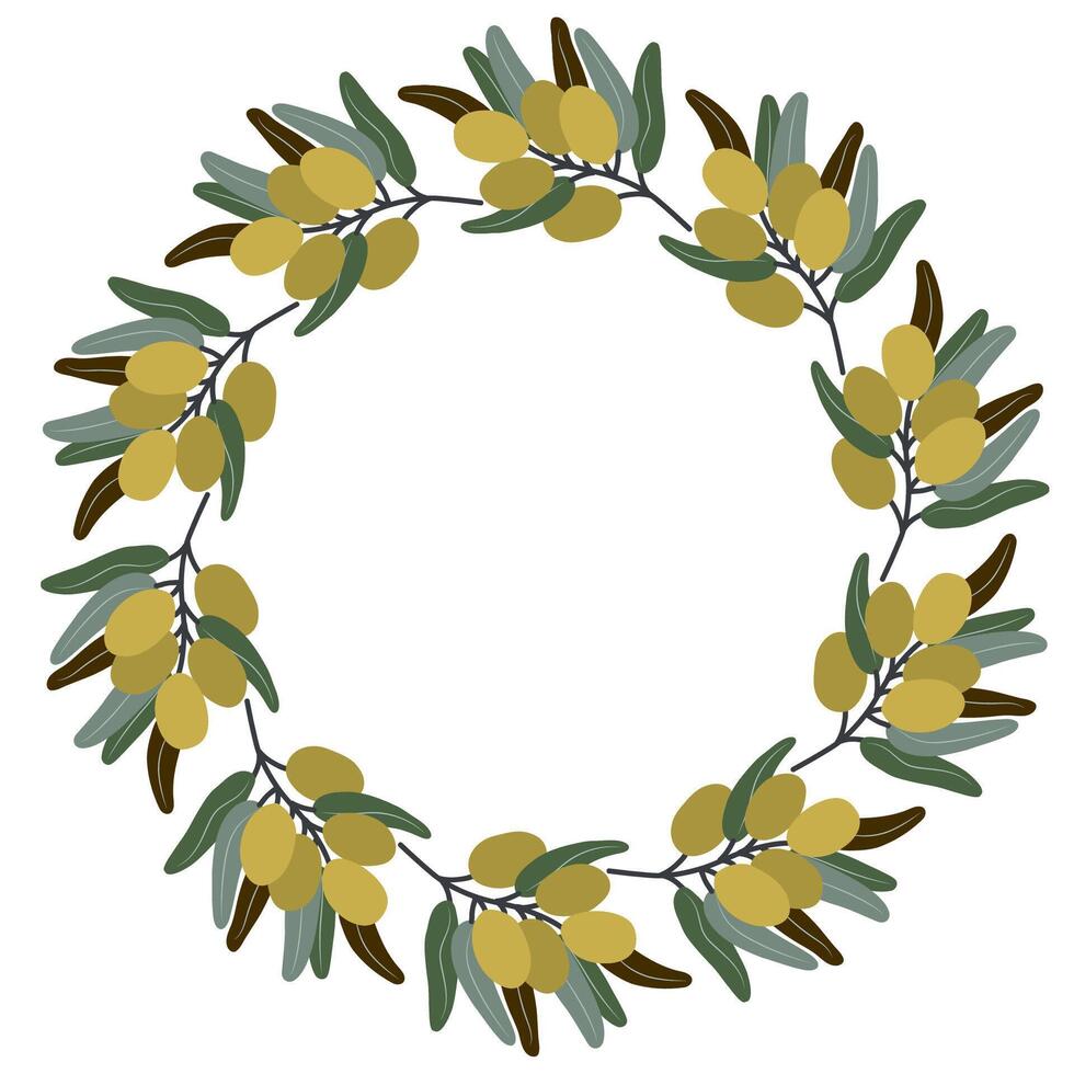 Hand-drawn olive wreath with green leaves and ripe olives in a circular botanical frame - perfect for Mediterranean food labels, invitations, organic branding, packaging, and natural product design. vector