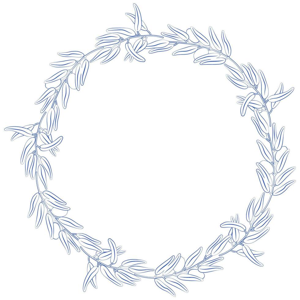 Elegant hand-drawn olive branch wreath in blue line art, circular botanical frame design for invitations, labels, organic branding, packaging, wedding decor, and minimalist natural aesthetics vector