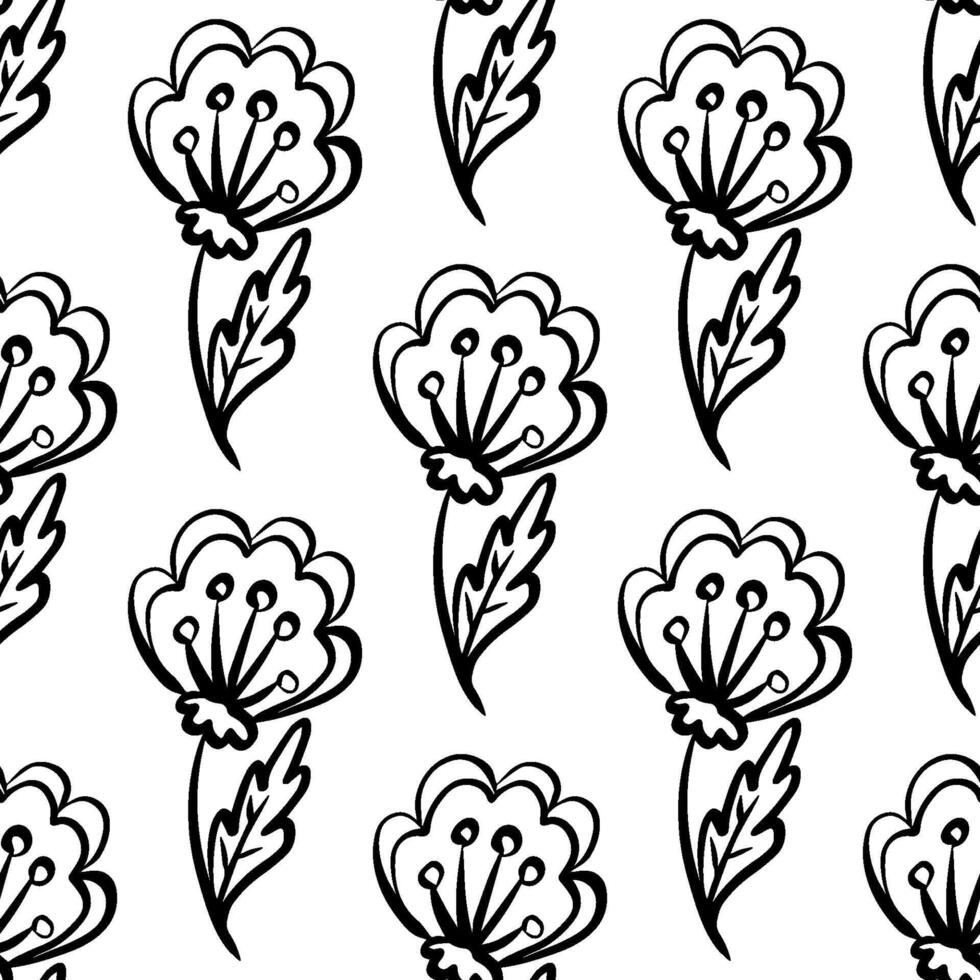 Seamless black and white floral pattern with hand-drawn blossoms and leaves - perfect for coloring pages, digital papers, fabric printing, and elegant monochrome surface design. vector