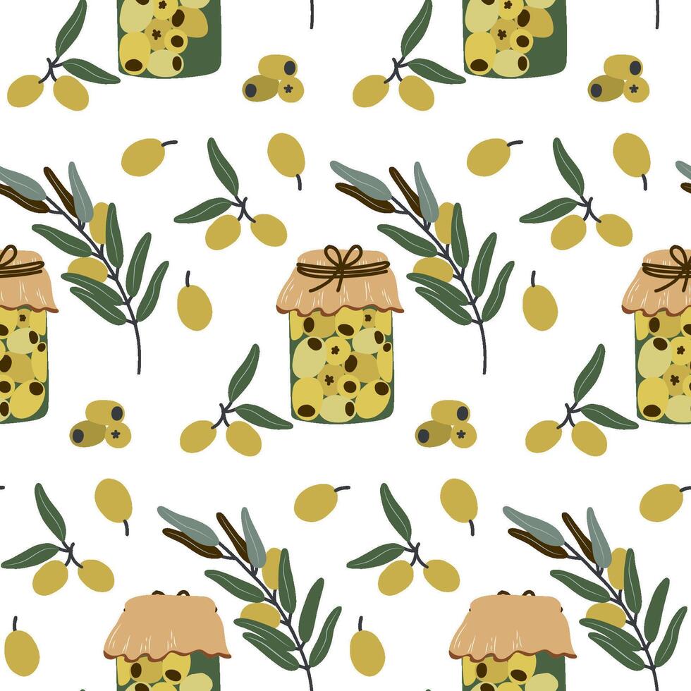 Seamless pattern with hand-drawn jars of pickled olives, olive branches, and fruits - rustic Mediterranean food motif for kitchen decor, fabric prints, packaging, and culinary design projects. vector