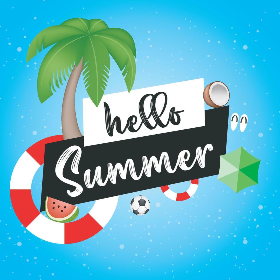 Hello summer poster banner template with tropical fruits. vector
