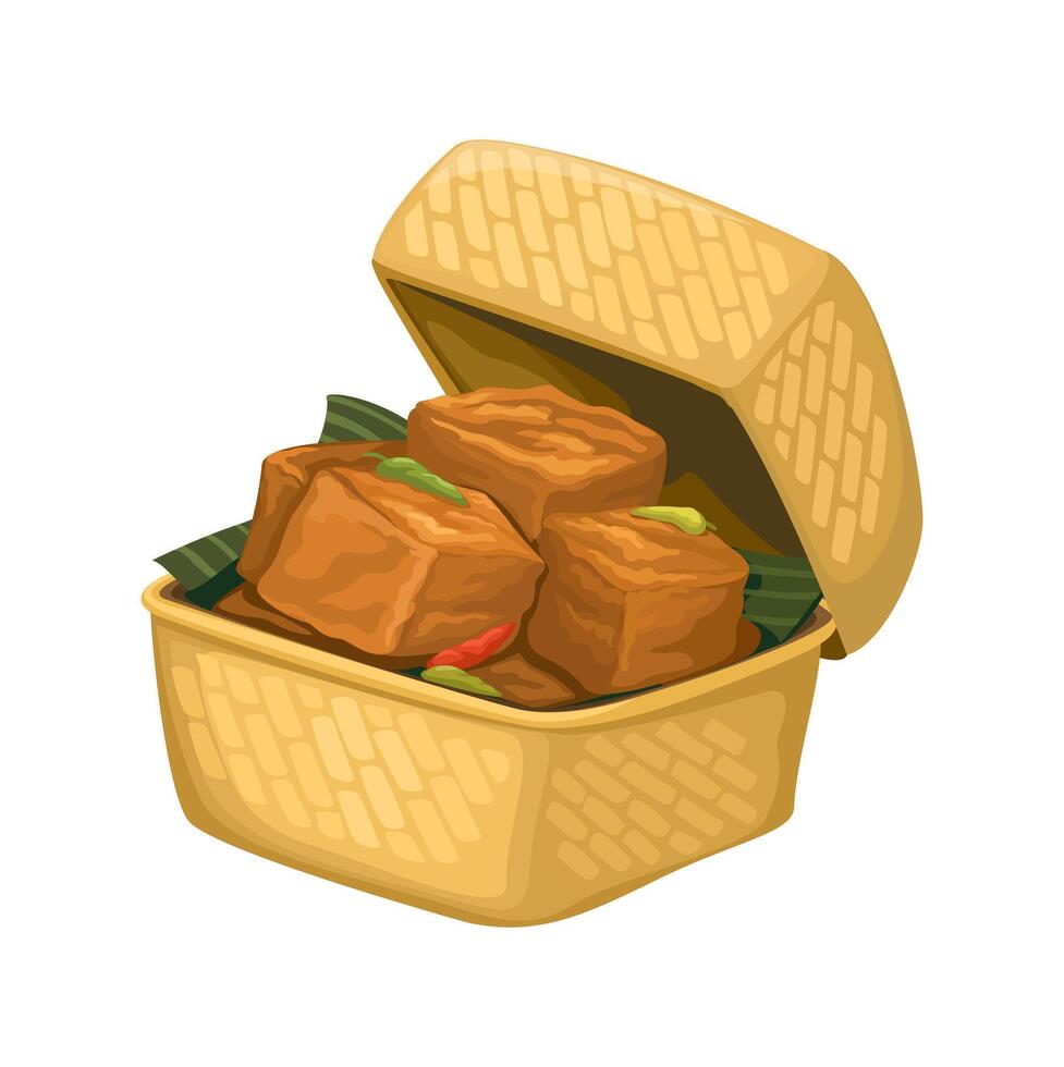 Tahu Sumedang Is Fried Tofu Indonesian Traditional Food Wrap In Rattan Woven Package Illustration vector