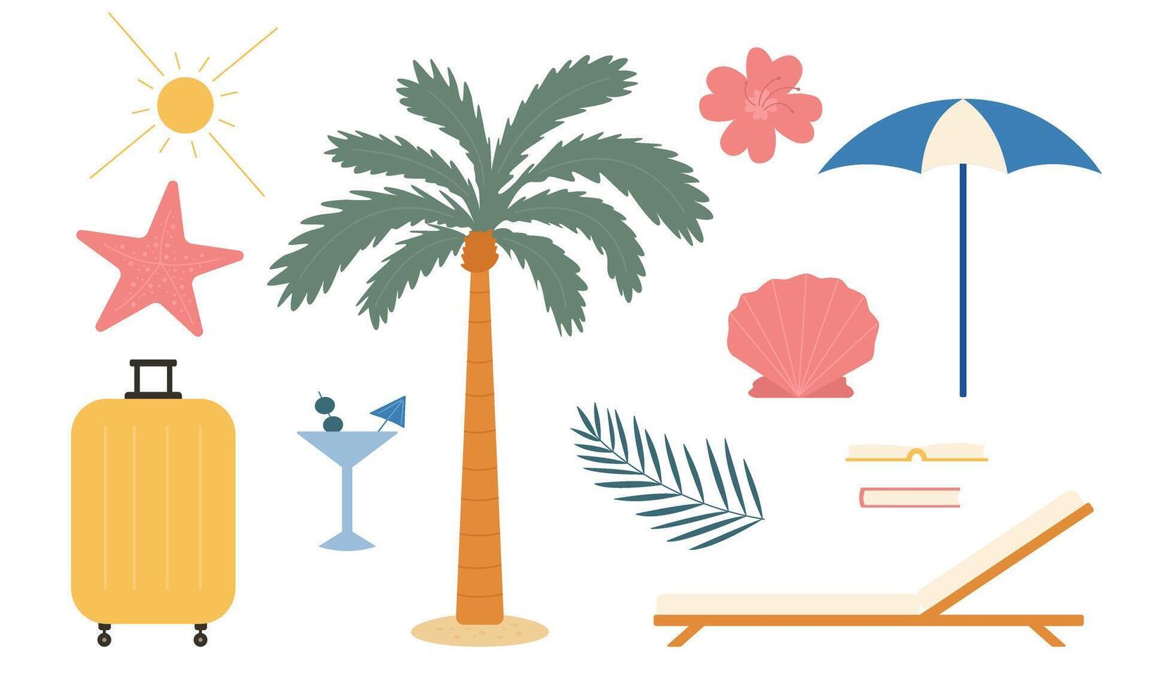 Summer tropical beach and travel set. Vacation sea leisure elements isolated such as palm tree and chaise lounge. Collection for design. vector