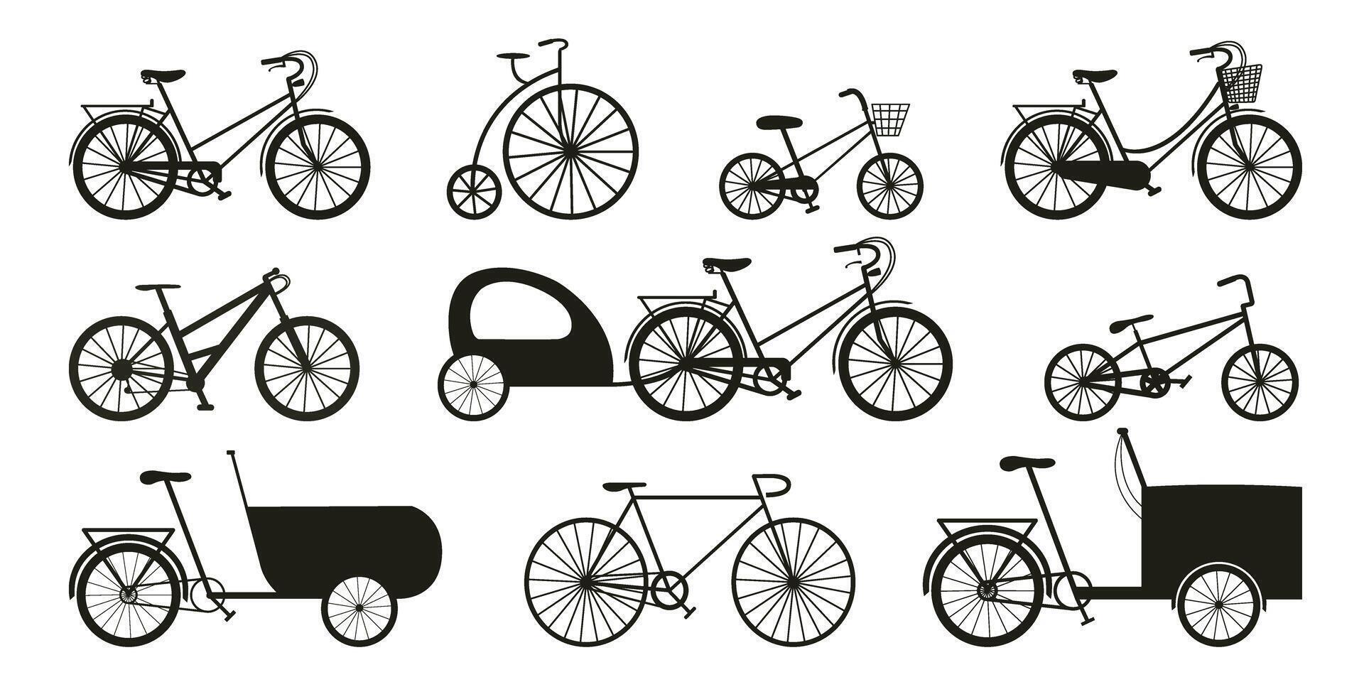 Bicycle set of black silhouette elements and icons. Retro, children's, mountain, cargo and city bikes in simple flat style vector