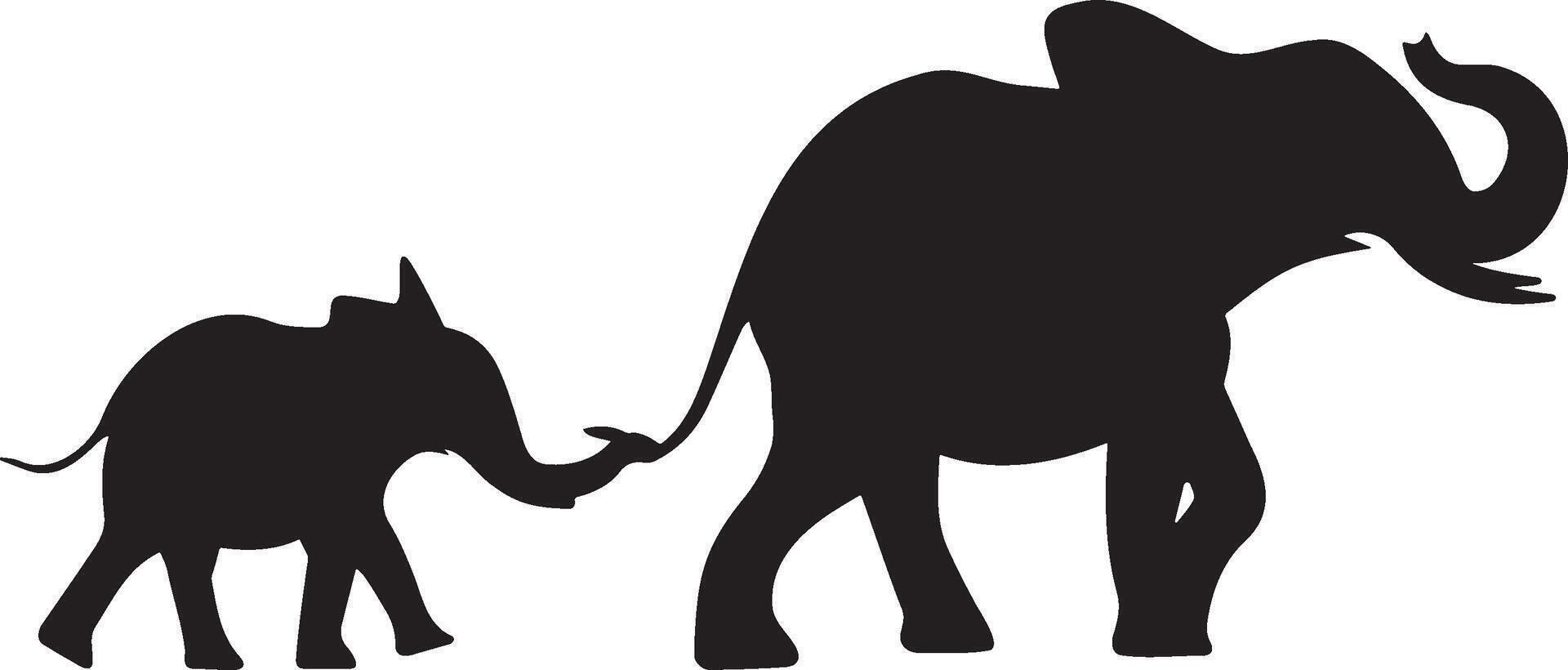 Elephant Silhouette with Baby Holding Tail. vector