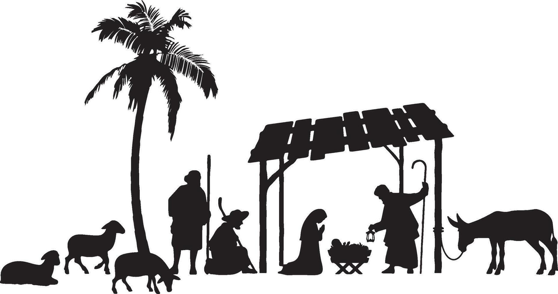 Nativity Scene Silhouette with Stable Palm Tree and Animals. vector