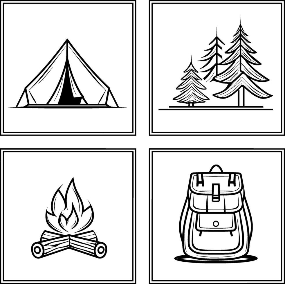 Set of 4 Minimalist Camping Icons, Tent, Trees, Backpack, Campfire vector