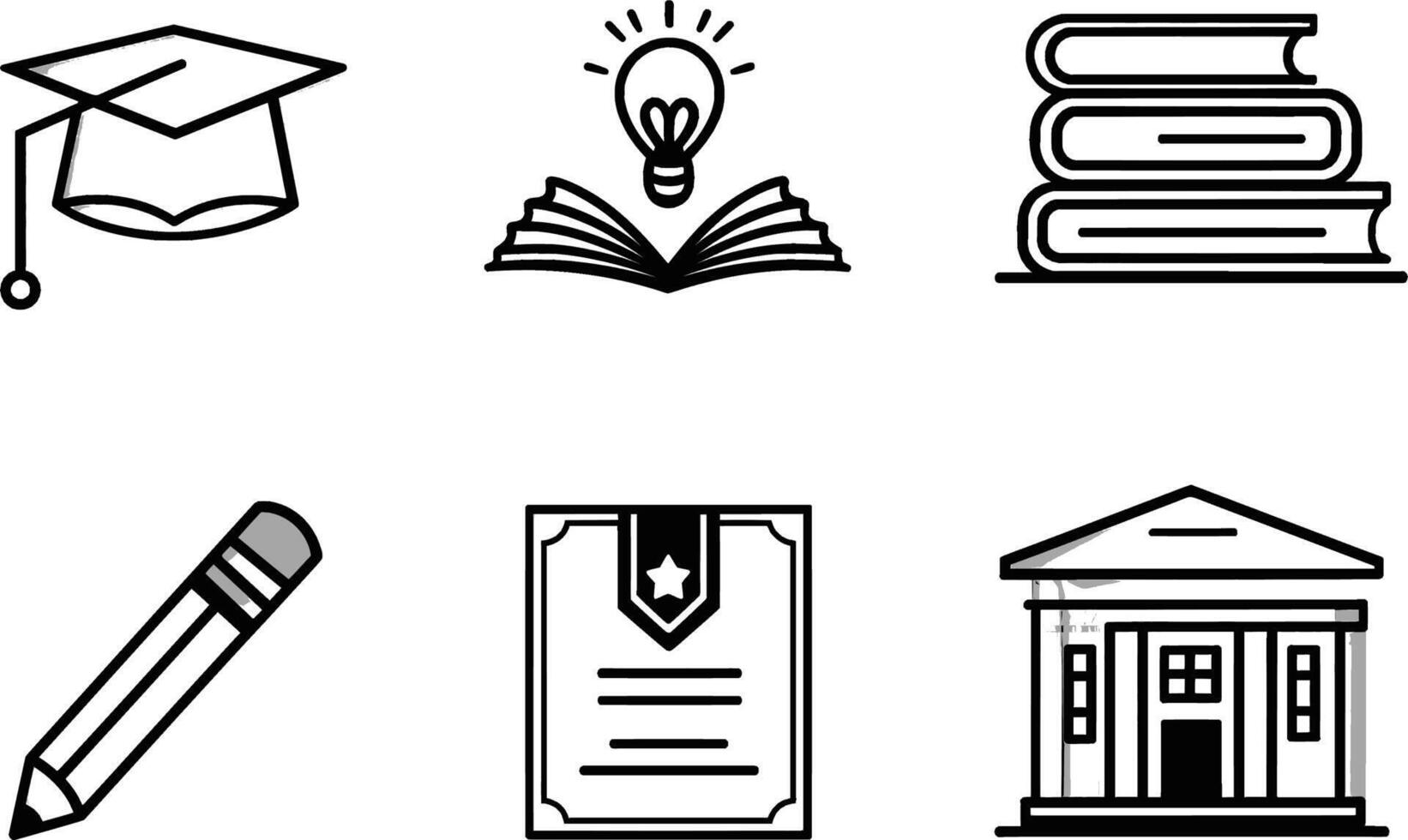 Set of 6 Education Icons, Books, Certificate, Lightbulb, School Building, Graduation Cap vector