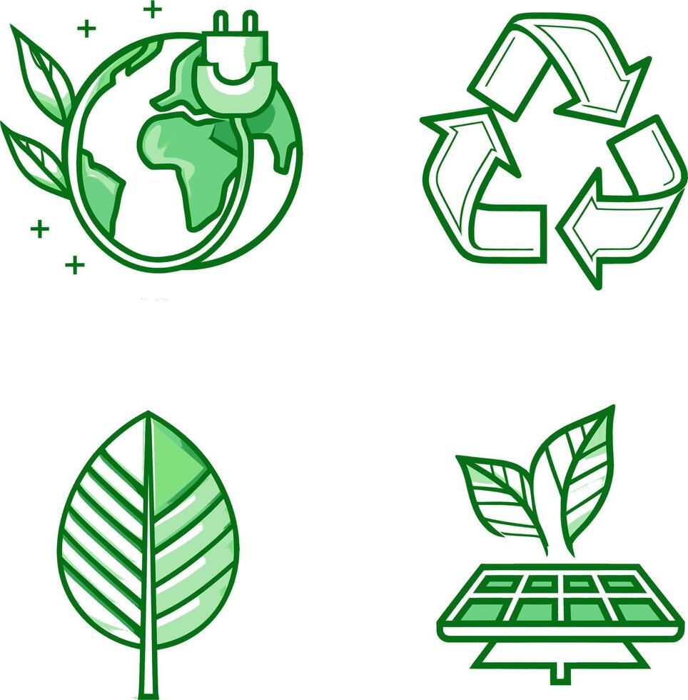 Set of 6 Environmental Icons, Earth with Plug, Recycle Symbol, Leaf, Solar Energy vector