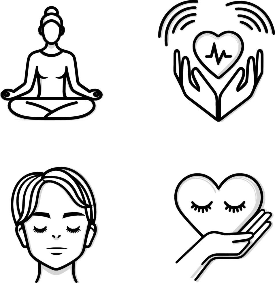 Set of 4 Wellness Icons, Meditation, Heart Care, Self Love, Mindfulness vector