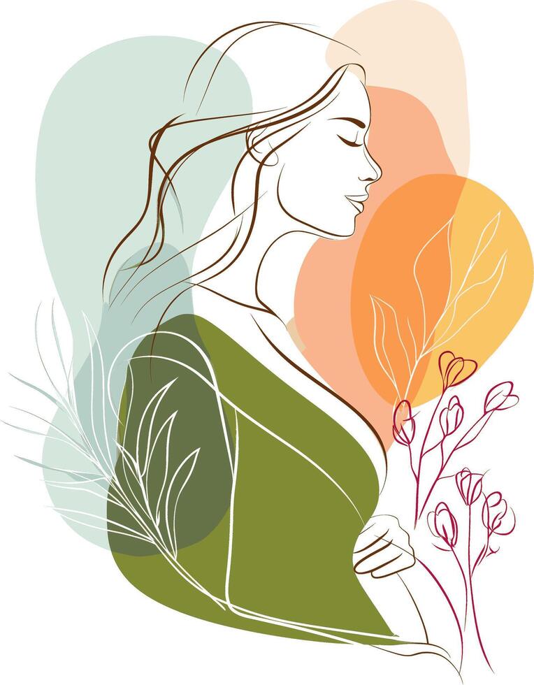 Elegant Line Art of a Pregnant Woman, Minimalist Abstract Female Portrait with Flowers vector