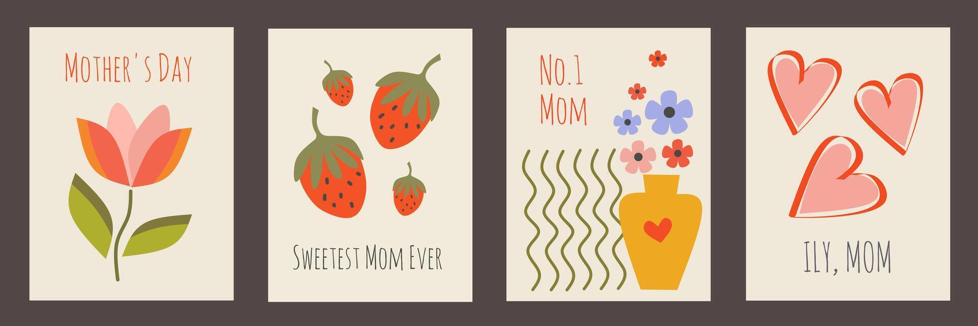 Set of Happy Mother's day greeting card with beautiful floral shapes, abstract flowers on white backgrounds. Creative spring card template with typography text. Happy Women's Day illustration. vector