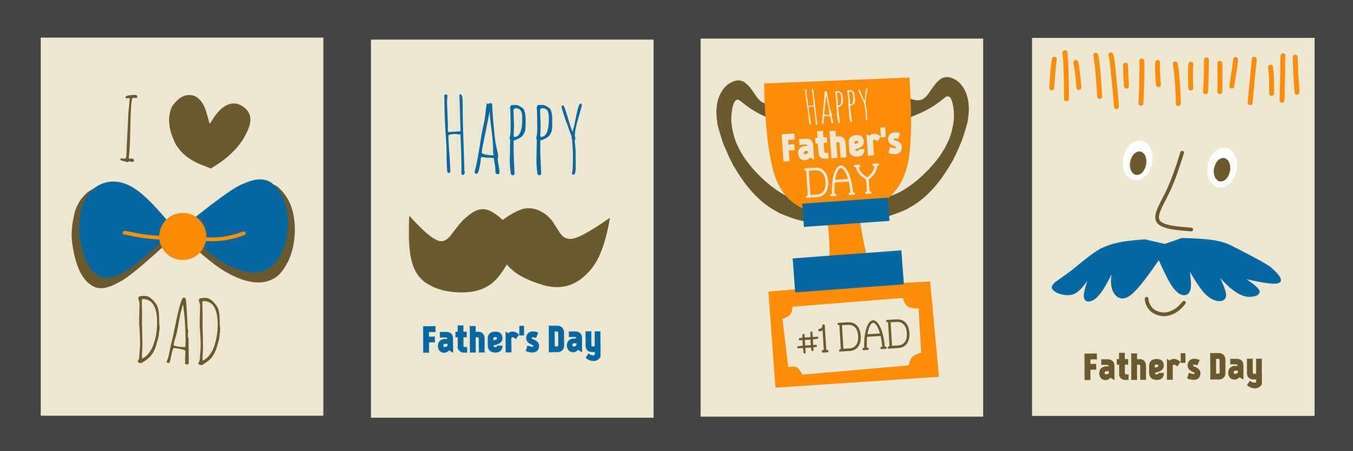Happy father's day, set of postcards. Flat illustration of a cute doodle, tie, moustache, trophy, typography. Portrait template in white background. Fun design for greeting and banner. vector