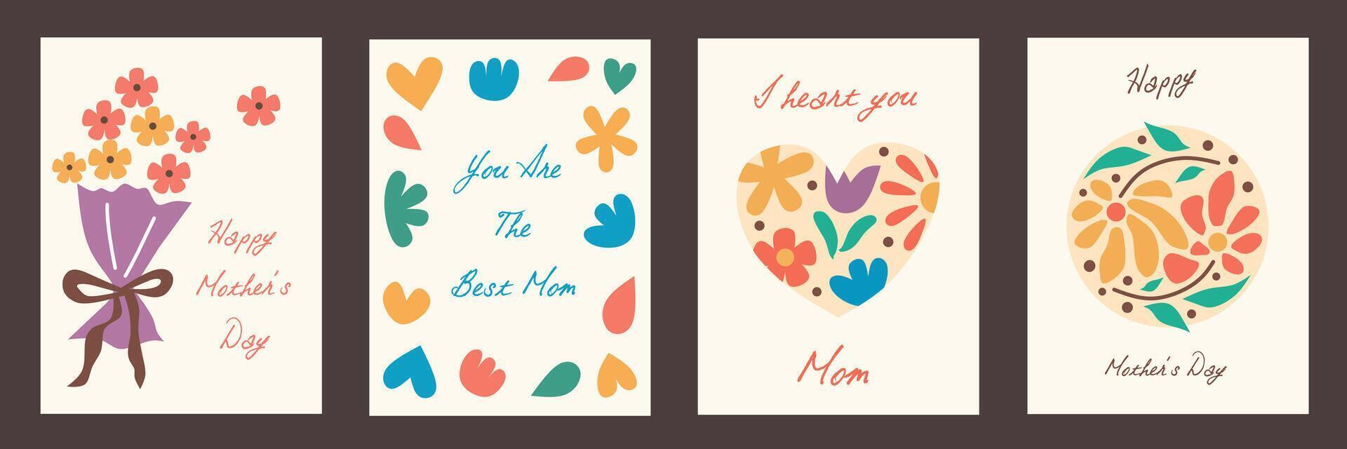 Set of Happy Mother's day greeting card with beautiful floral frame, abstract flowers art on white backgrounds. Creative spring card template with typography text. Happy Women's Day illustration. vector