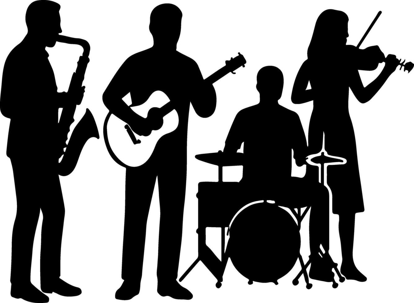 Silhouette of musicians with violin, saxophone, guitar, and drums, ideal for music and creative designs. vector