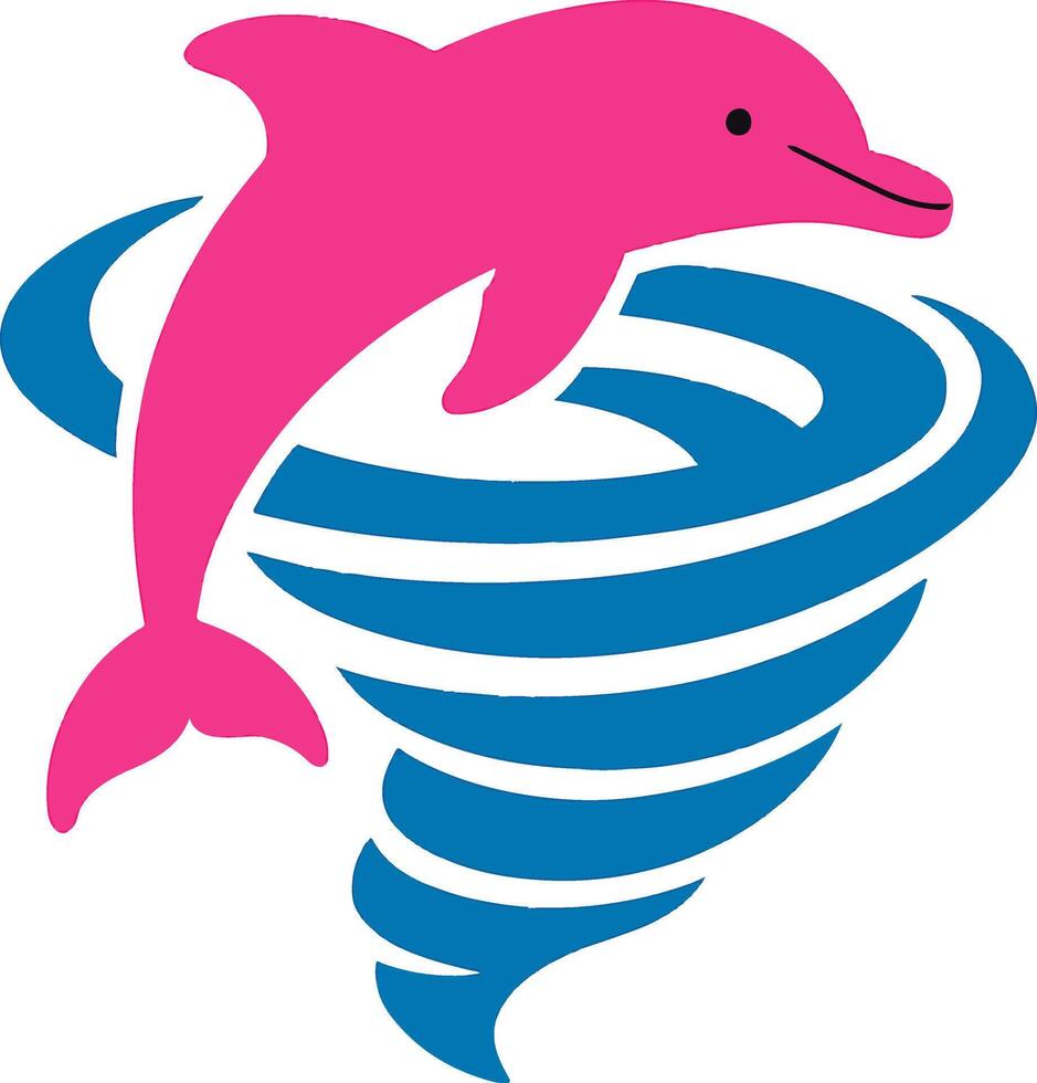 High contrast pink dolphin meets spiral wave motion in clean flat art style, ideal for kids, surf, marine themes, or playful ocean concepts. vector