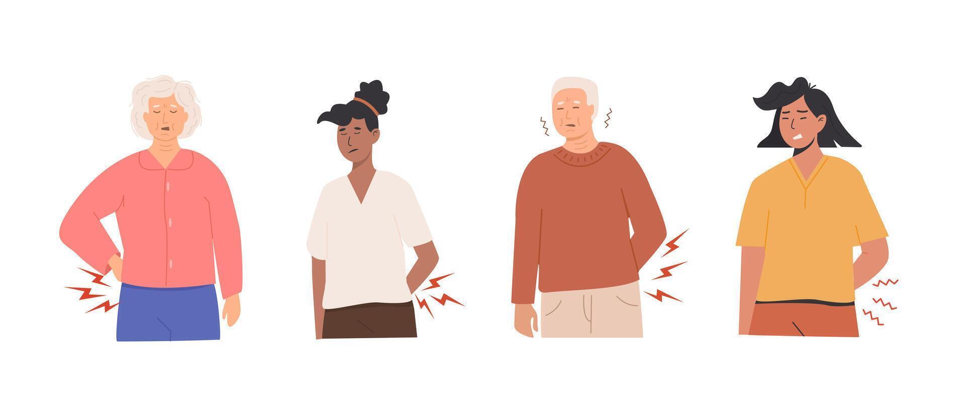 Diverse group of people experiencing back pain with pained expressions. Elderly man and woman, young and middle-aged woman suffering from discomfort and muscle strain. Flat Style Illustration. vector