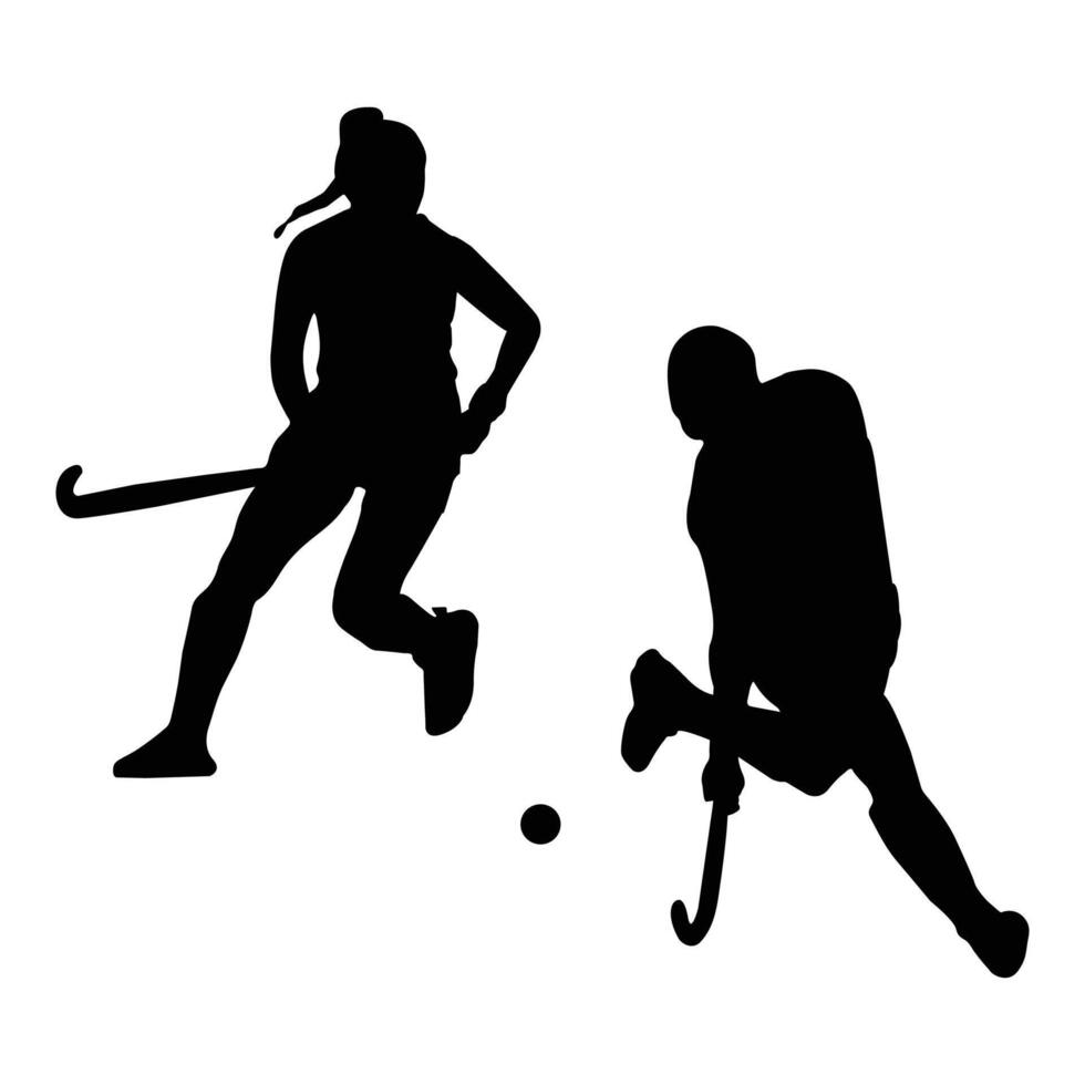 Silhouettes of Two Field Hockey Players Competing for the Ball Sports Action Design. vector